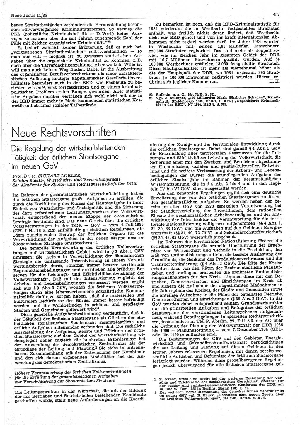 Neue Justiz (NJ), Zeitschrift für sozialistisches Recht und Gesetzlichkeit [Deutsche Demokratische Republik (DDR)], 39. Jahrgang 1985, Seite 457 (NJ DDR 1985, S. 457)