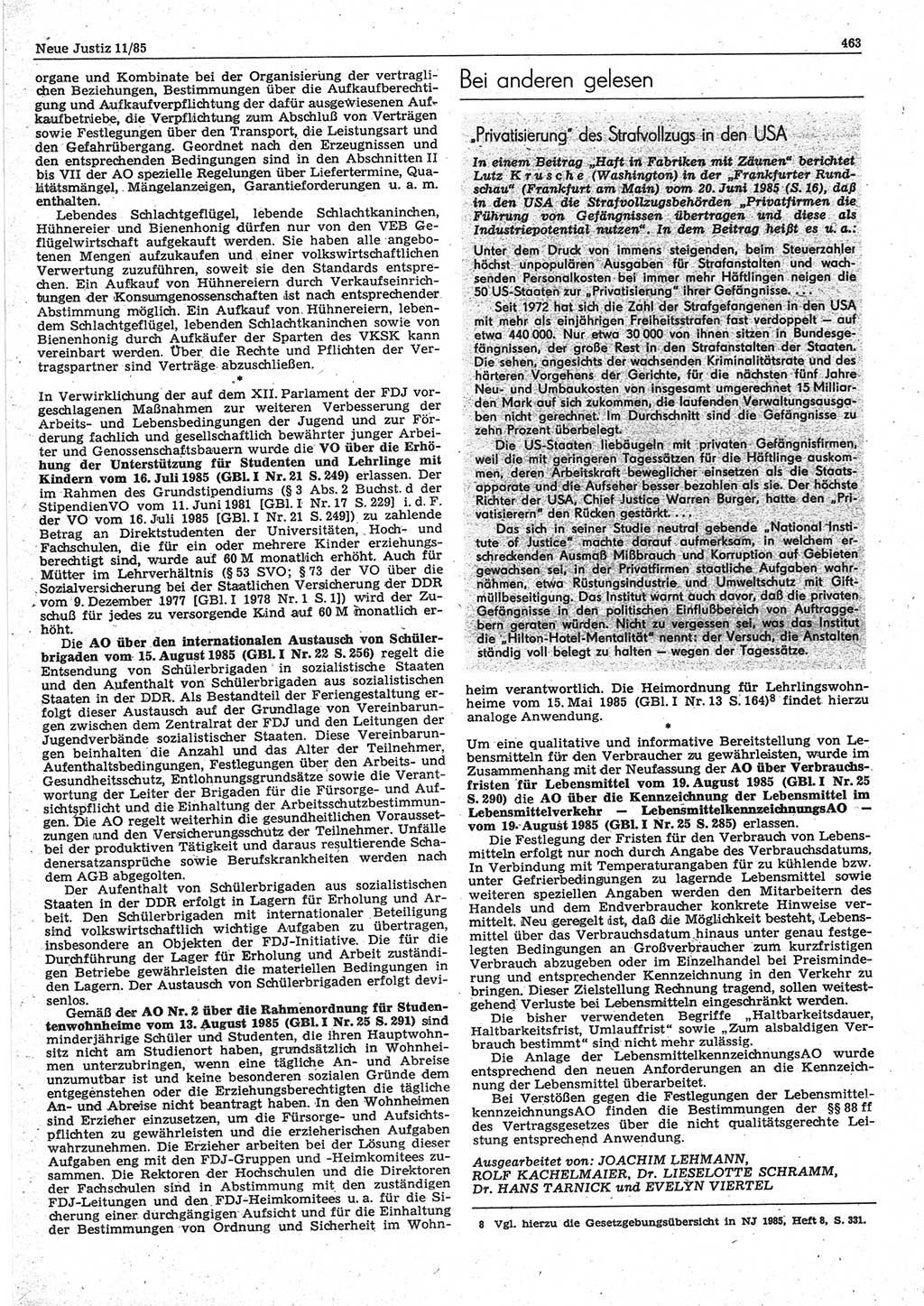 Neue Justiz (NJ), Zeitschrift für sozialistisches Recht und Gesetzlichkeit [Deutsche Demokratische Republik (DDR)], 39. Jahrgang 1985, Seite 463 (NJ DDR 1985, S. 463)