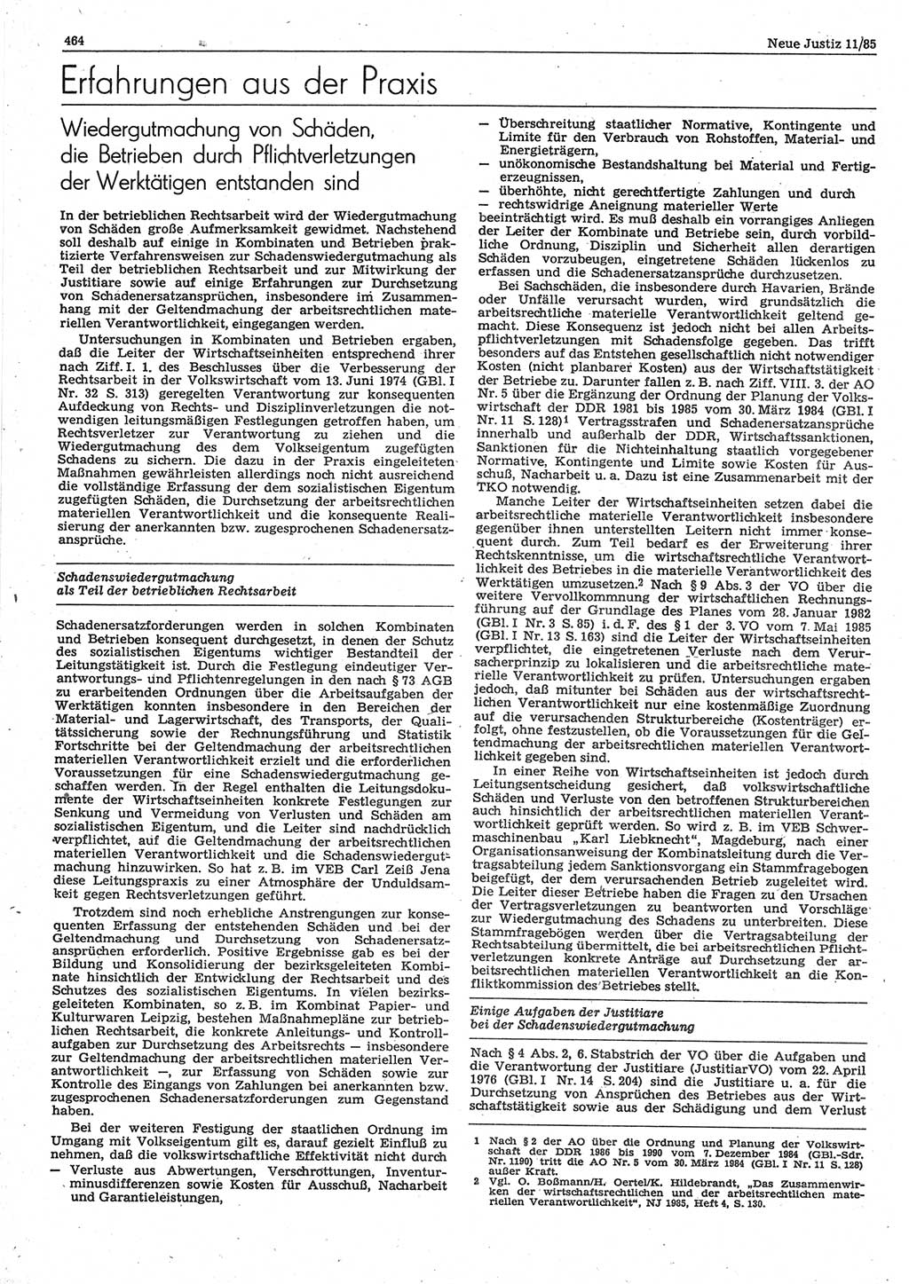Neue Justiz (NJ), Zeitschrift für sozialistisches Recht und Gesetzlichkeit [Deutsche Demokratische Republik (DDR)], 39. Jahrgang 1985, Seite 464 (NJ DDR 1985, S. 464)