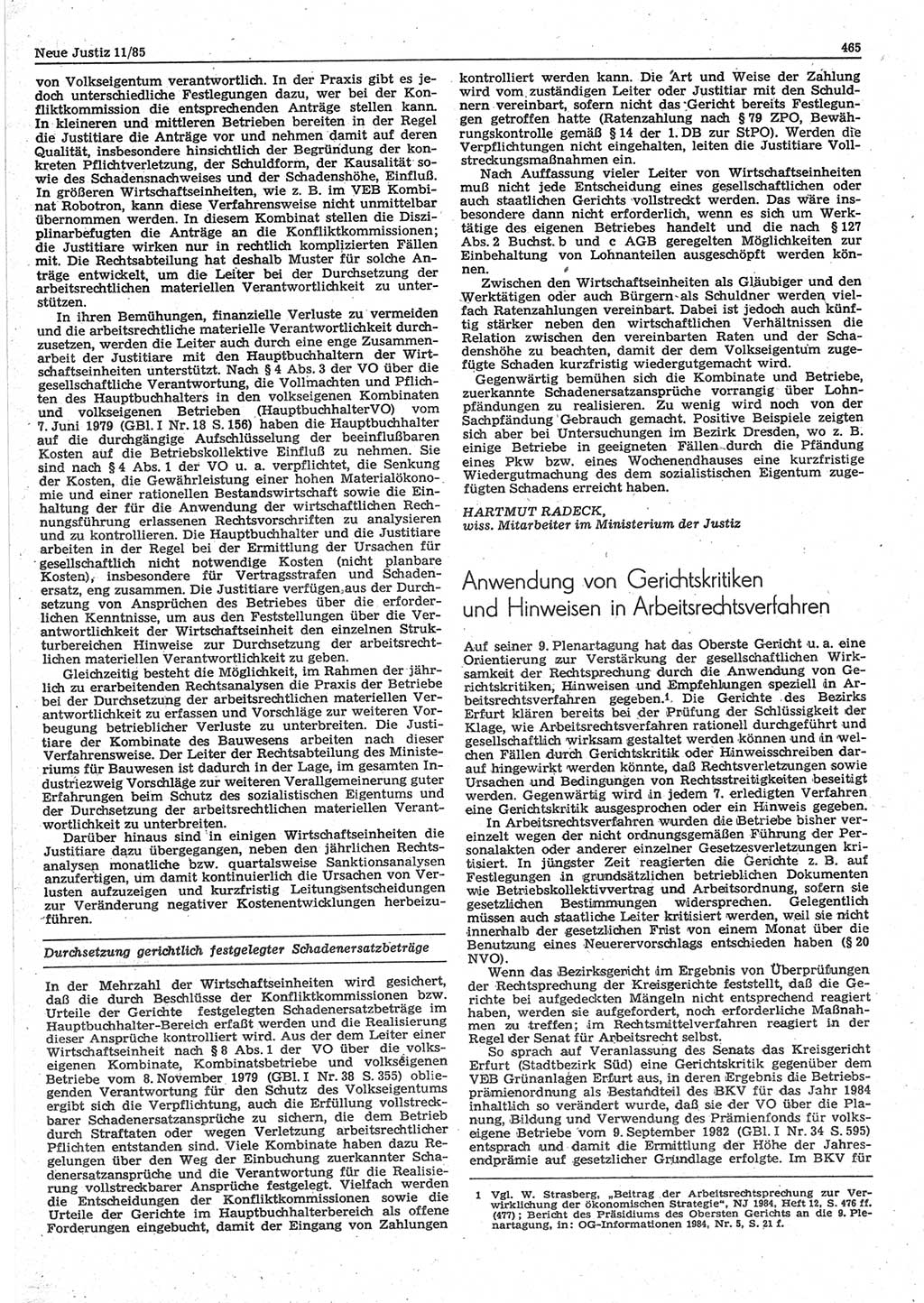 Neue Justiz (NJ), Zeitschrift für sozialistisches Recht und Gesetzlichkeit [Deutsche Demokratische Republik (DDR)], 39. Jahrgang 1985, Seite 465 (NJ DDR 1985, S. 465)
