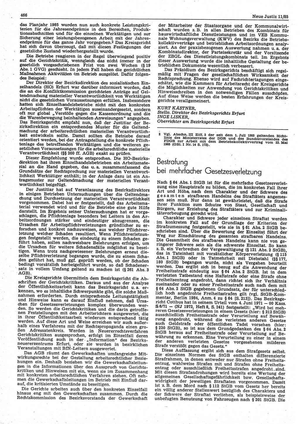 Neue Justiz (NJ), Zeitschrift für sozialistisches Recht und Gesetzlichkeit [Deutsche Demokratische Republik (DDR)], 39. Jahrgang 1985, Seite 466 (NJ DDR 1985, S. 466)