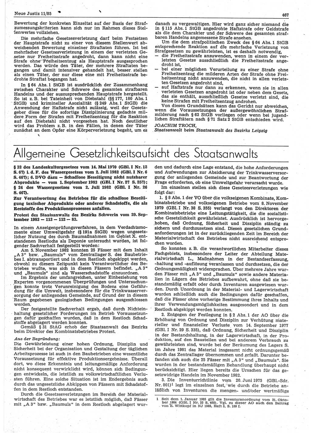 Neue Justiz (NJ), Zeitschrift für sozialistisches Recht und Gesetzlichkeit [Deutsche Demokratische Republik (DDR)], 39. Jahrgang 1985, Seite 467 (NJ DDR 1985, S. 467)