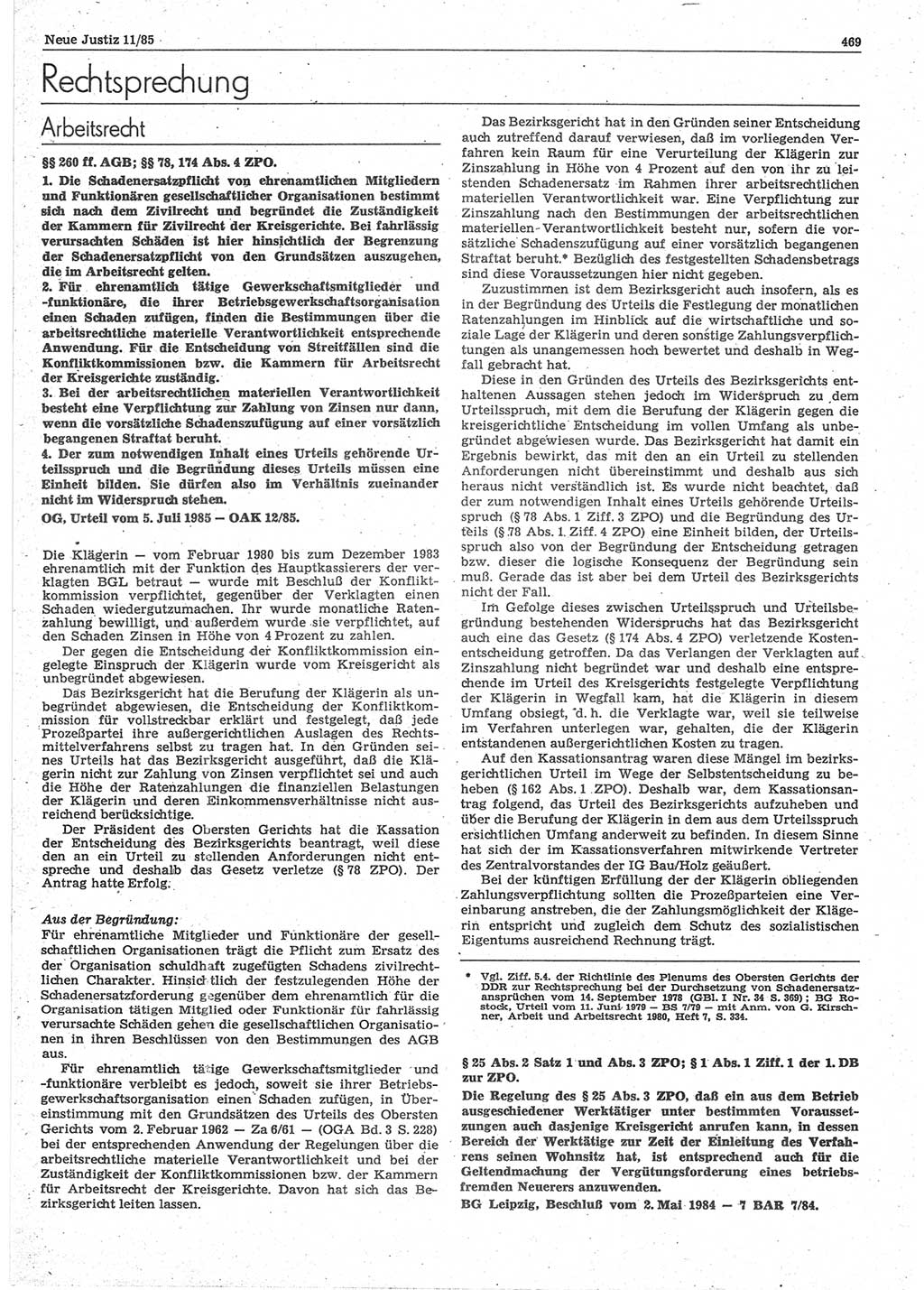 Neue Justiz (NJ), Zeitschrift für sozialistisches Recht und Gesetzlichkeit [Deutsche Demokratische Republik (DDR)], 39. Jahrgang 1985, Seite 469 (NJ DDR 1985, S. 469)
