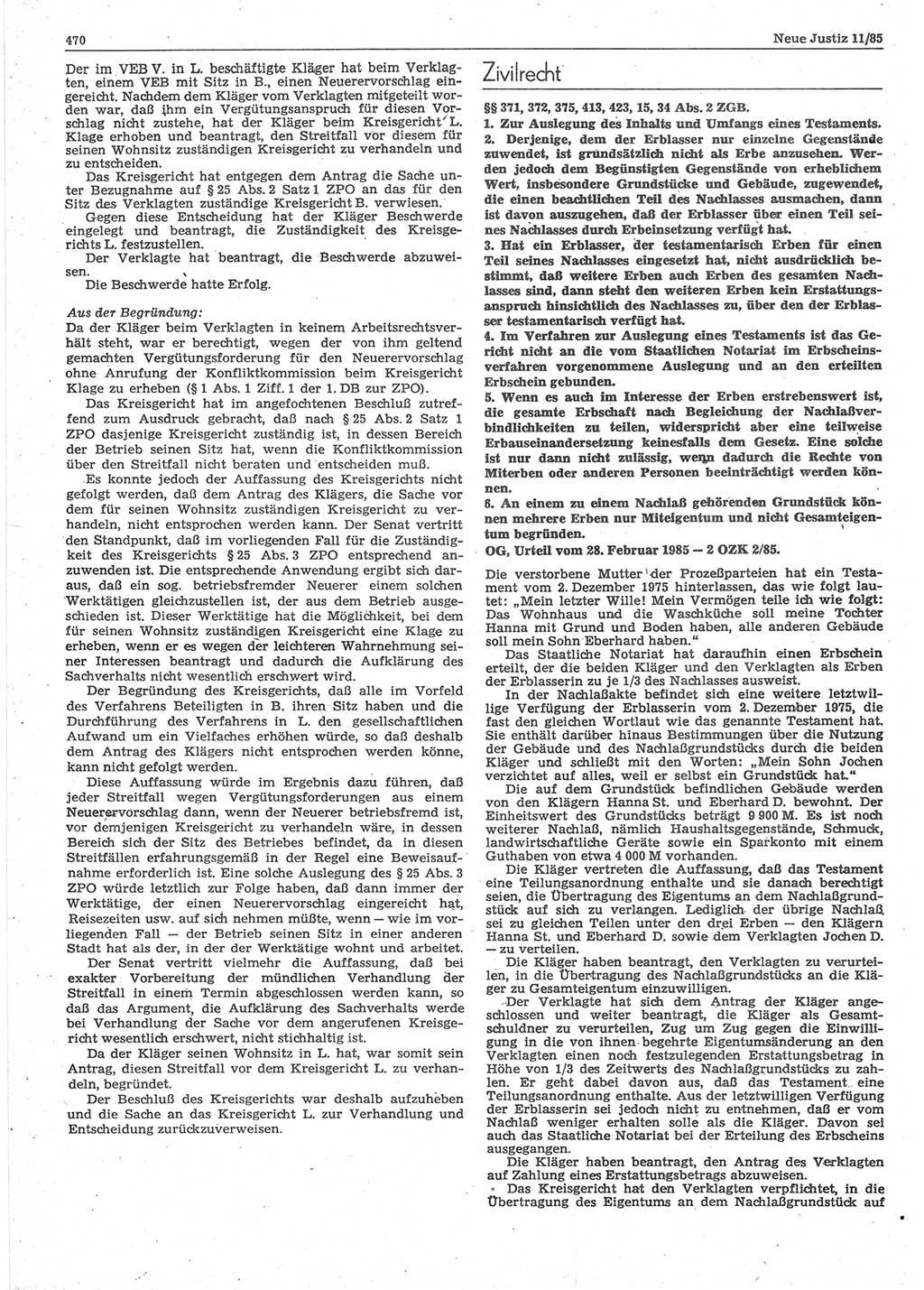 Neue Justiz (NJ), Zeitschrift für sozialistisches Recht und Gesetzlichkeit [Deutsche Demokratische Republik (DDR)], 39. Jahrgang 1985, Seite 470 (NJ DDR 1985, S. 470)