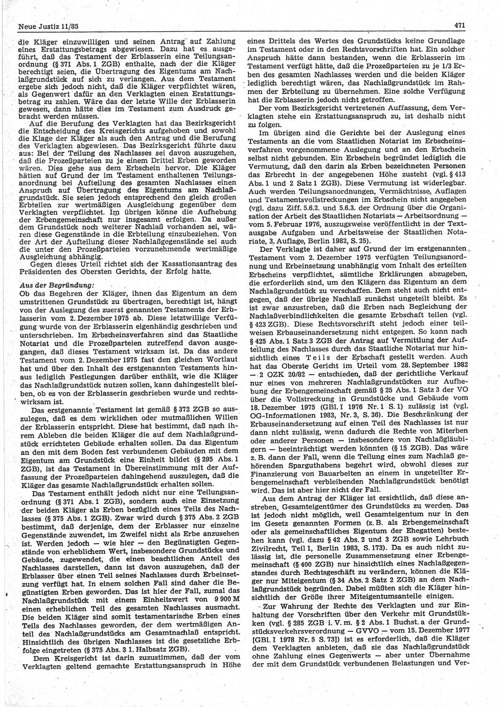 Neue Justiz (NJ), Zeitschrift für sozialistisches Recht und Gesetzlichkeit [Deutsche Demokratische Republik (DDR)], 39. Jahrgang 1985, Seite 471 (NJ DDR 1985, S. 471)