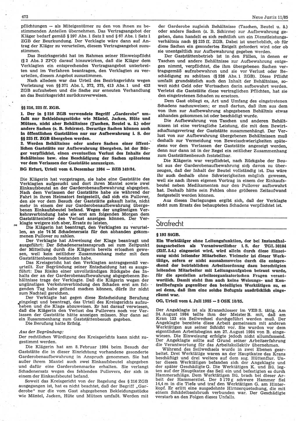 Neue Justiz (NJ), Zeitschrift für sozialistisches Recht und Gesetzlichkeit [Deutsche Demokratische Republik (DDR)], 39. Jahrgang 1985, Seite 472 (NJ DDR 1985, S. 472)