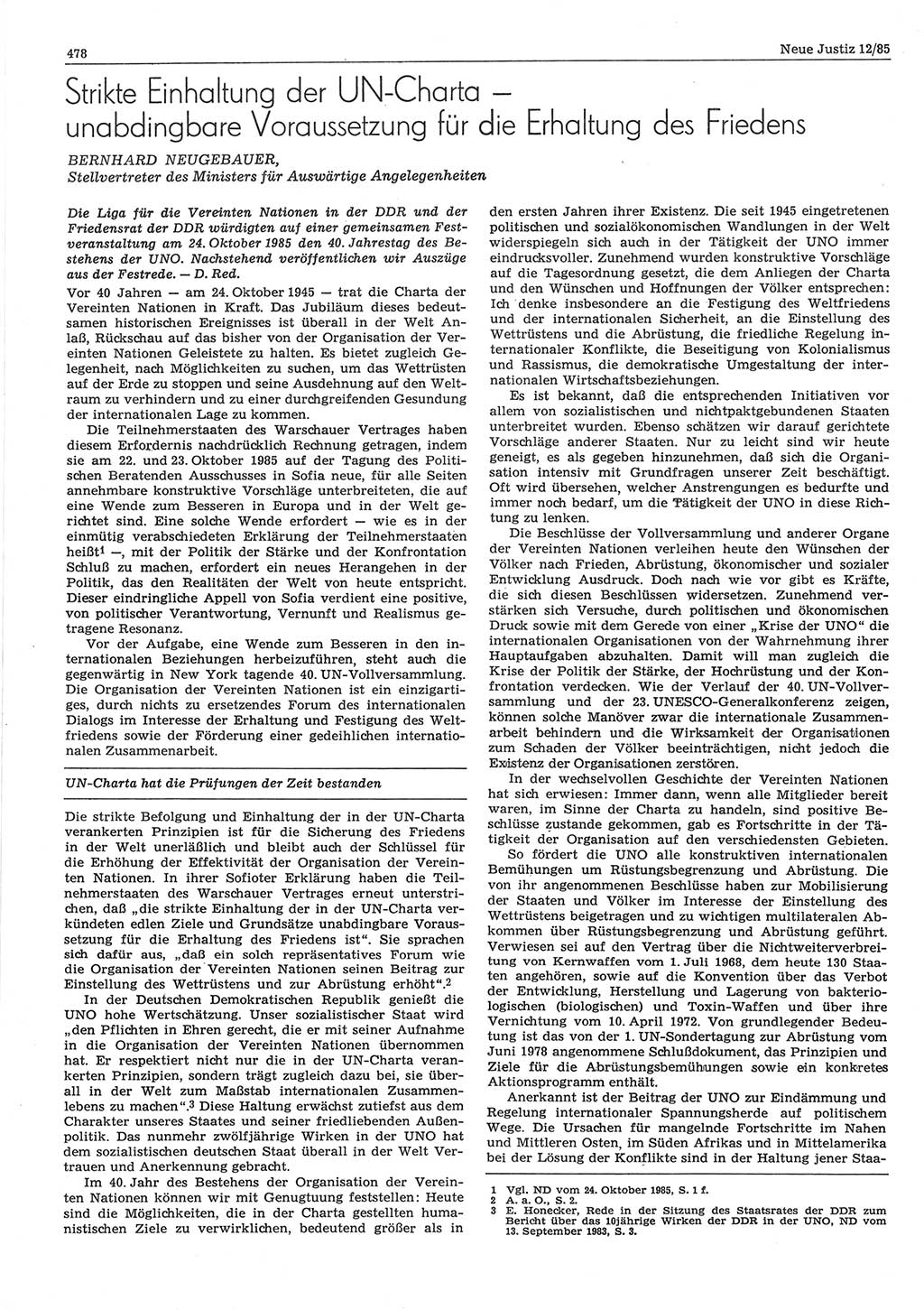 Neue Justiz (NJ), Zeitschrift für sozialistisches Recht und Gesetzlichkeit [Deutsche Demokratische Republik (DDR)], 39. Jahrgang 1985, Seite 478 (NJ DDR 1985, S. 478)