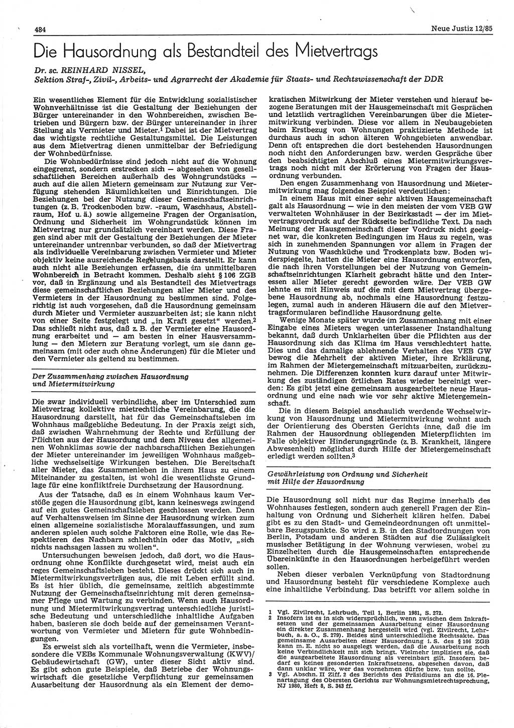 Neue Justiz (NJ), Zeitschrift für sozialistisches Recht und Gesetzlichkeit [Deutsche Demokratische Republik (DDR)], 39. Jahrgang 1985, Seite 484 (NJ DDR 1985, S. 484)