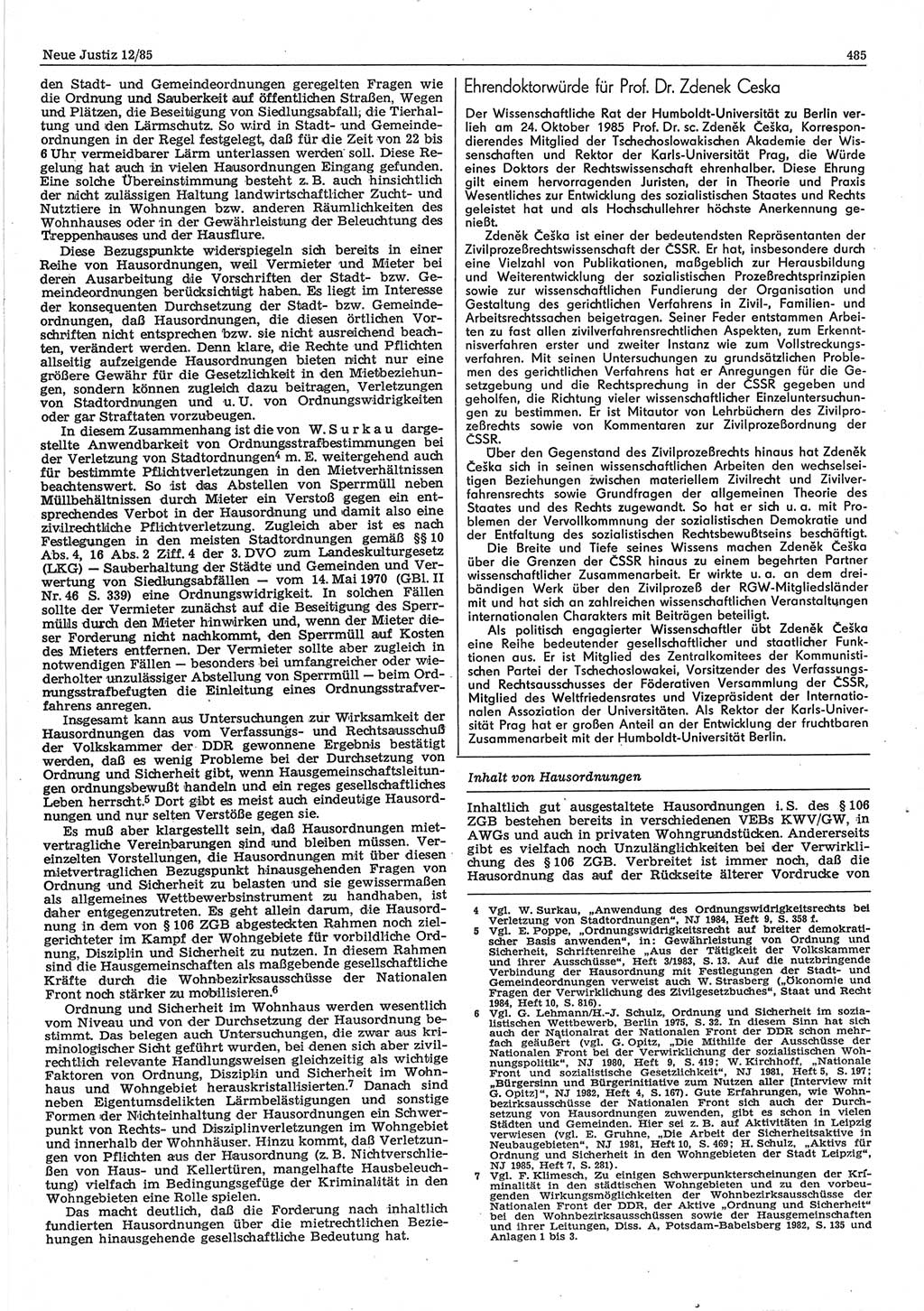 Neue Justiz (NJ), Zeitschrift für sozialistisches Recht und Gesetzlichkeit [Deutsche Demokratische Republik (DDR)], 39. Jahrgang 1985, Seite 485 (NJ DDR 1985, S. 485)