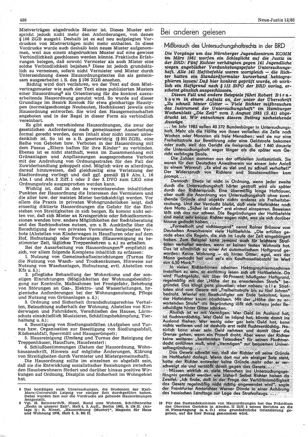 Neue Justiz (NJ), Zeitschrift für sozialistisches Recht und Gesetzlichkeit [Deutsche Demokratische Republik (DDR)], 39. Jahrgang 1985, Seite 486 (NJ DDR 1985, S. 486)