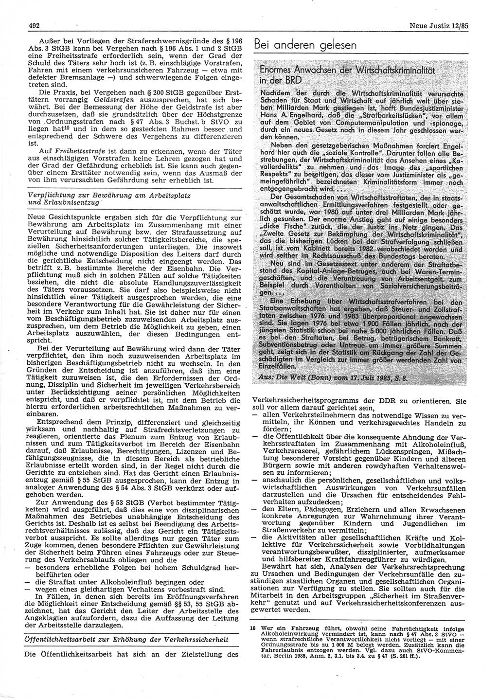 Neue Justiz (NJ), Zeitschrift für sozialistisches Recht und Gesetzlichkeit [Deutsche Demokratische Republik (DDR)], 39. Jahrgang 1985, Seite 492 (NJ DDR 1985, S. 492)