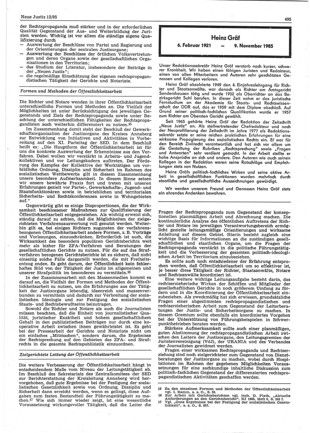 Neue Justiz (NJ), Zeitschrift für sozialistisches Recht und Gesetzlichkeit [Deutsche Demokratische Republik (DDR)], 39. Jahrgang 1985, Seite 495 (NJ DDR 1985, S. 495)