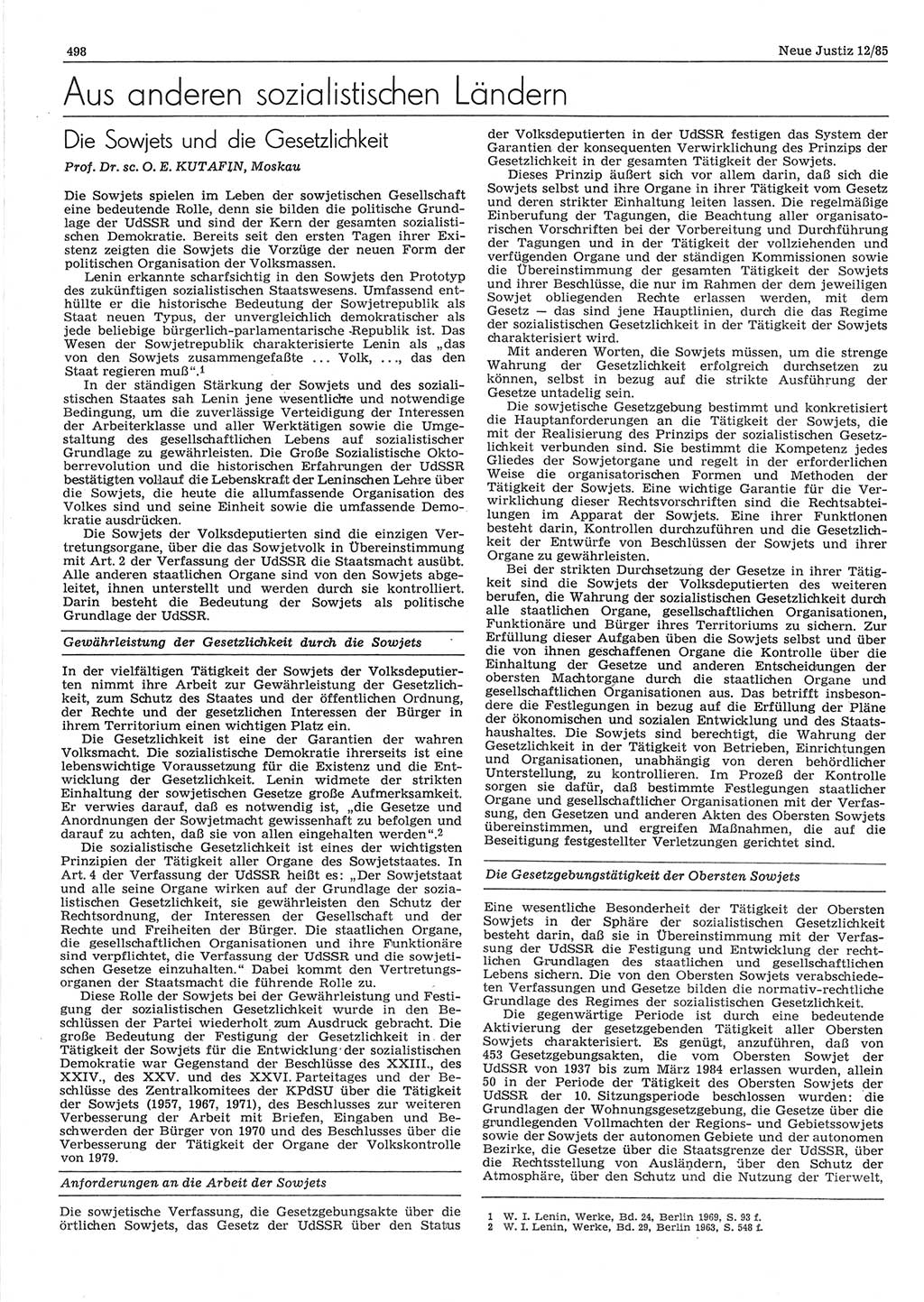 Neue Justiz (NJ), Zeitschrift für sozialistisches Recht und Gesetzlichkeit [Deutsche Demokratische Republik (DDR)], 39. Jahrgang 1985, Seite 498 (NJ DDR 1985, S. 498)