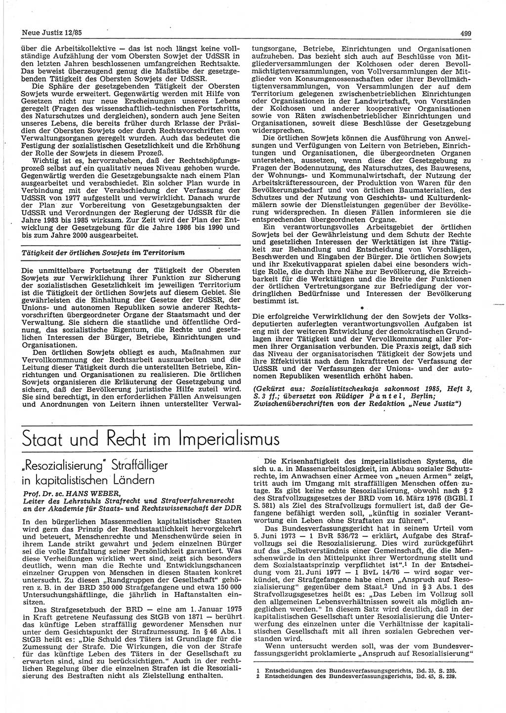 Neue Justiz (NJ), Zeitschrift für sozialistisches Recht und Gesetzlichkeit [Deutsche Demokratische Republik (DDR)], 39. Jahrgang 1985, Seite 499 (NJ DDR 1985, S. 499)