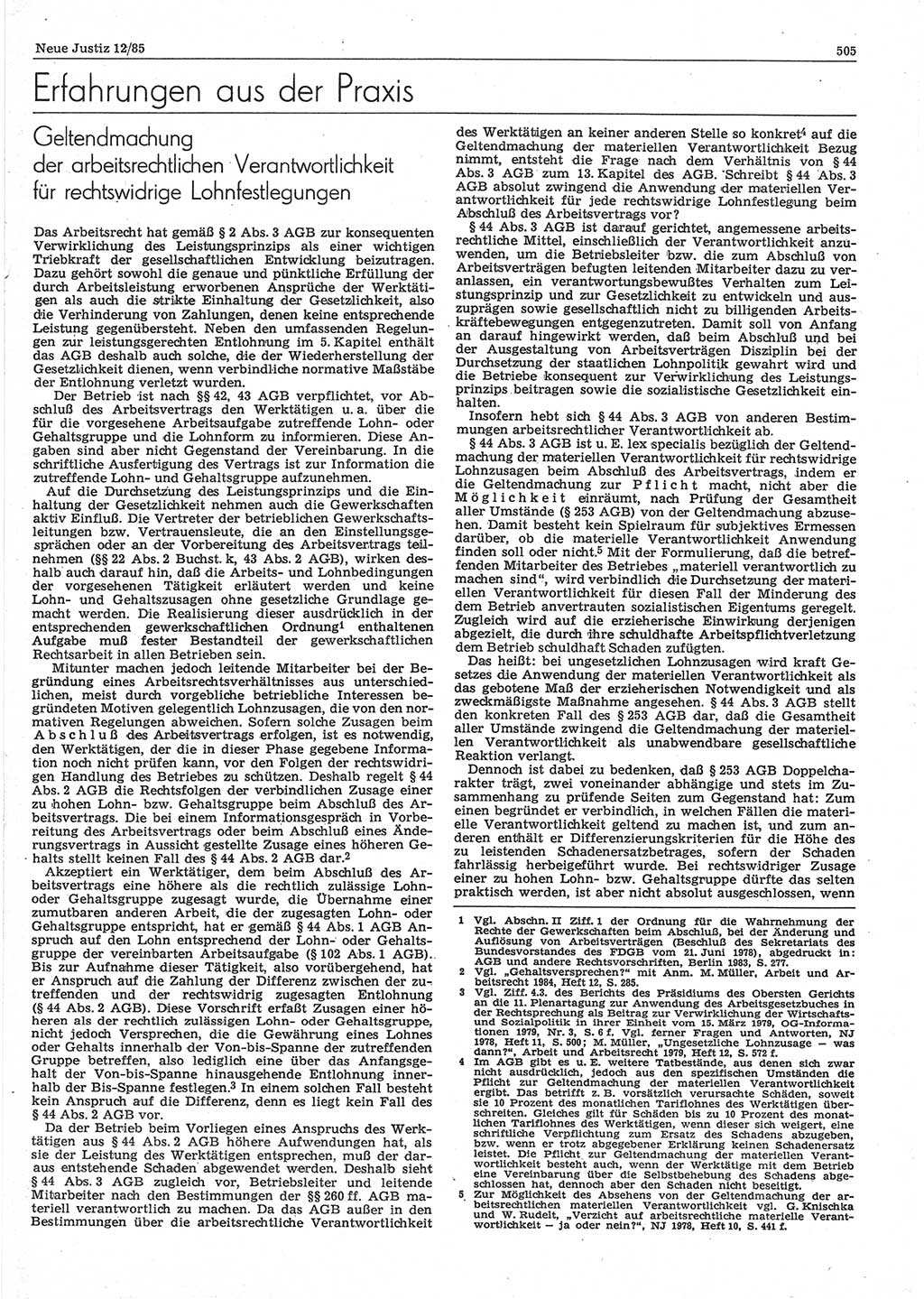Neue Justiz (NJ), Zeitschrift für sozialistisches Recht und Gesetzlichkeit [Deutsche Demokratische Republik (DDR)], 39. Jahrgang 1985, Seite 505 (NJ DDR 1985, S. 505)