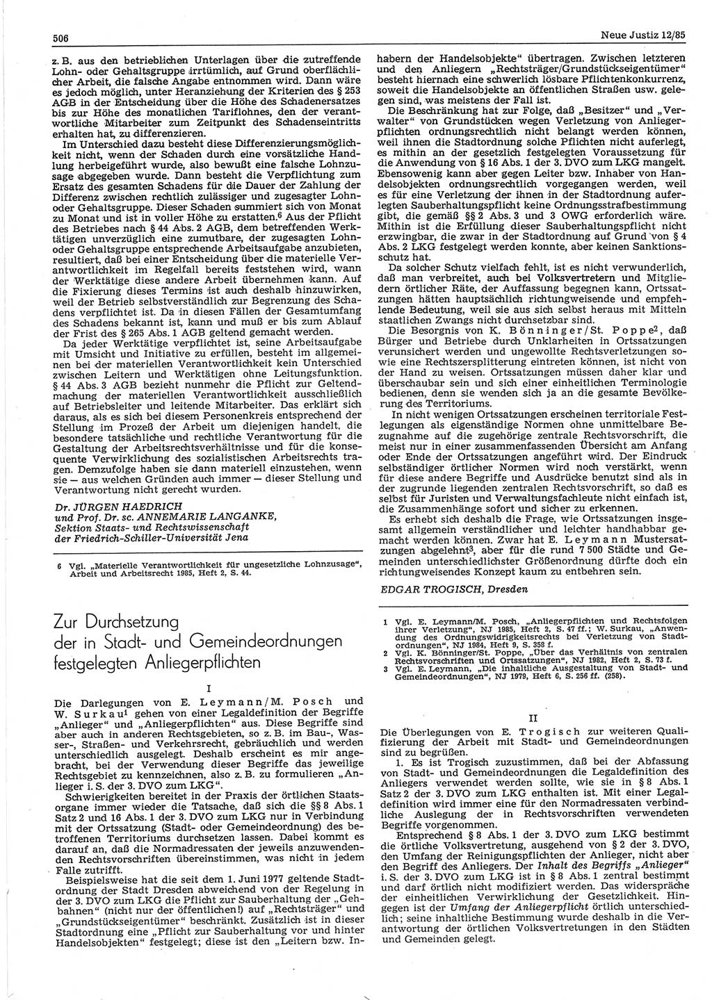 Neue Justiz (NJ), Zeitschrift für sozialistisches Recht und Gesetzlichkeit [Deutsche Demokratische Republik (DDR)], 39. Jahrgang 1985, Seite 506 (NJ DDR 1985, S. 506)