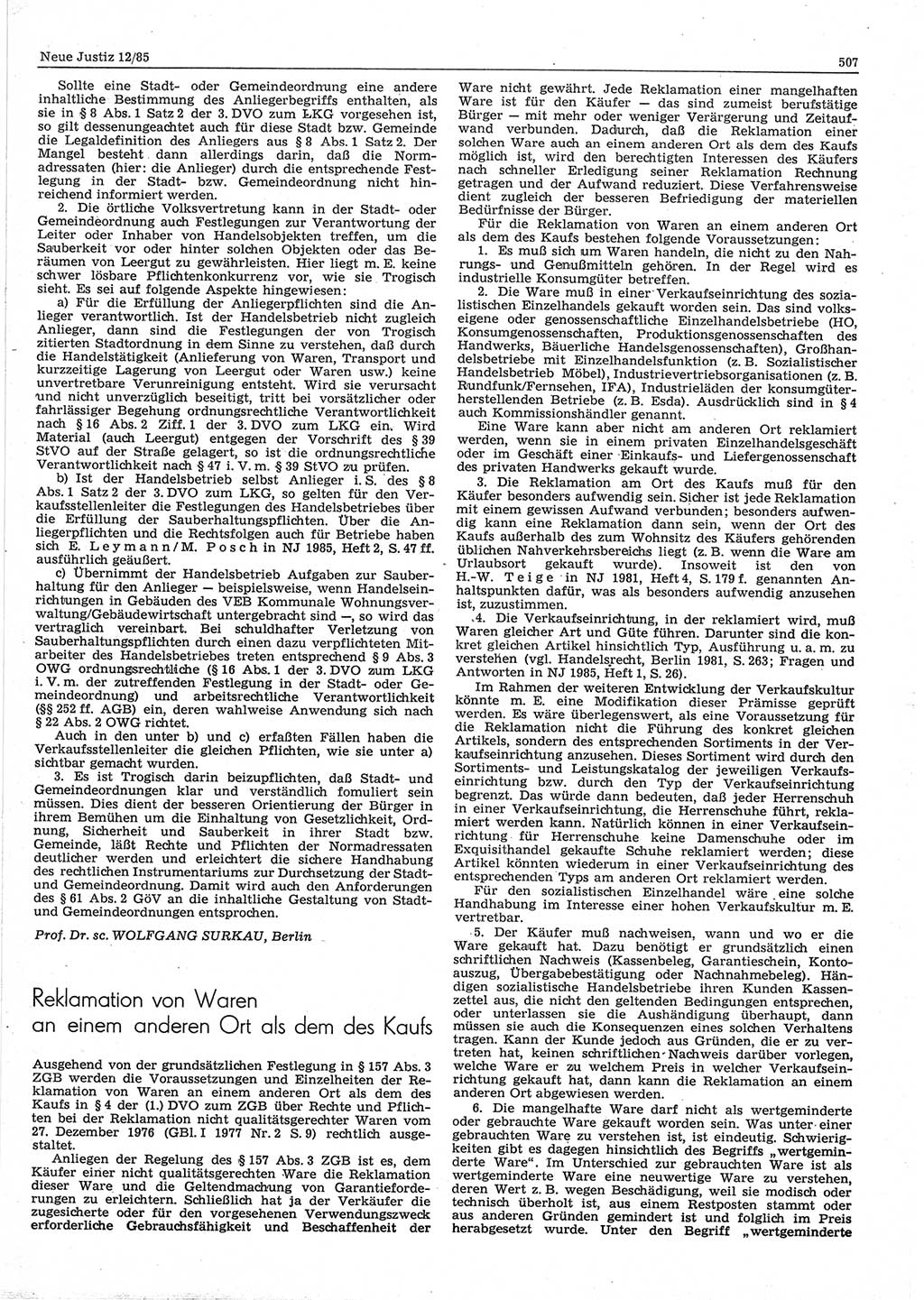 Neue Justiz (NJ), Zeitschrift für sozialistisches Recht und Gesetzlichkeit [Deutsche Demokratische Republik (DDR)], 39. Jahrgang 1985, Seite 507 (NJ DDR 1985, S. 507)