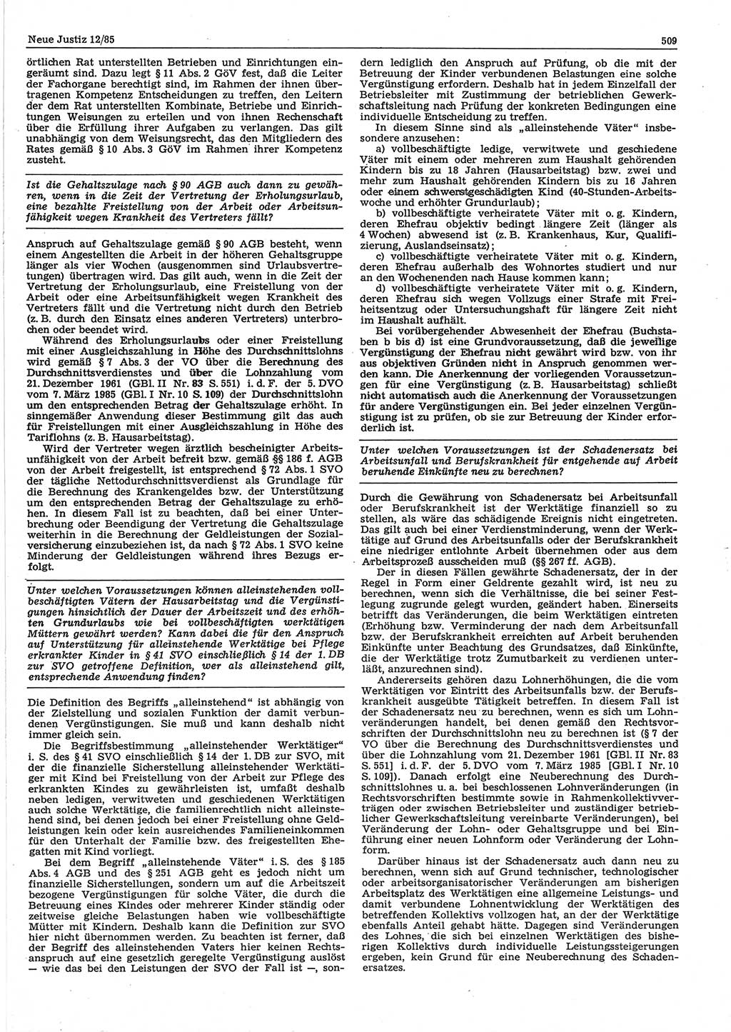 Neue Justiz (NJ), Zeitschrift für sozialistisches Recht und Gesetzlichkeit [Deutsche Demokratische Republik (DDR)], 39. Jahrgang 1985, Seite 509 (NJ DDR 1985, S. 509)