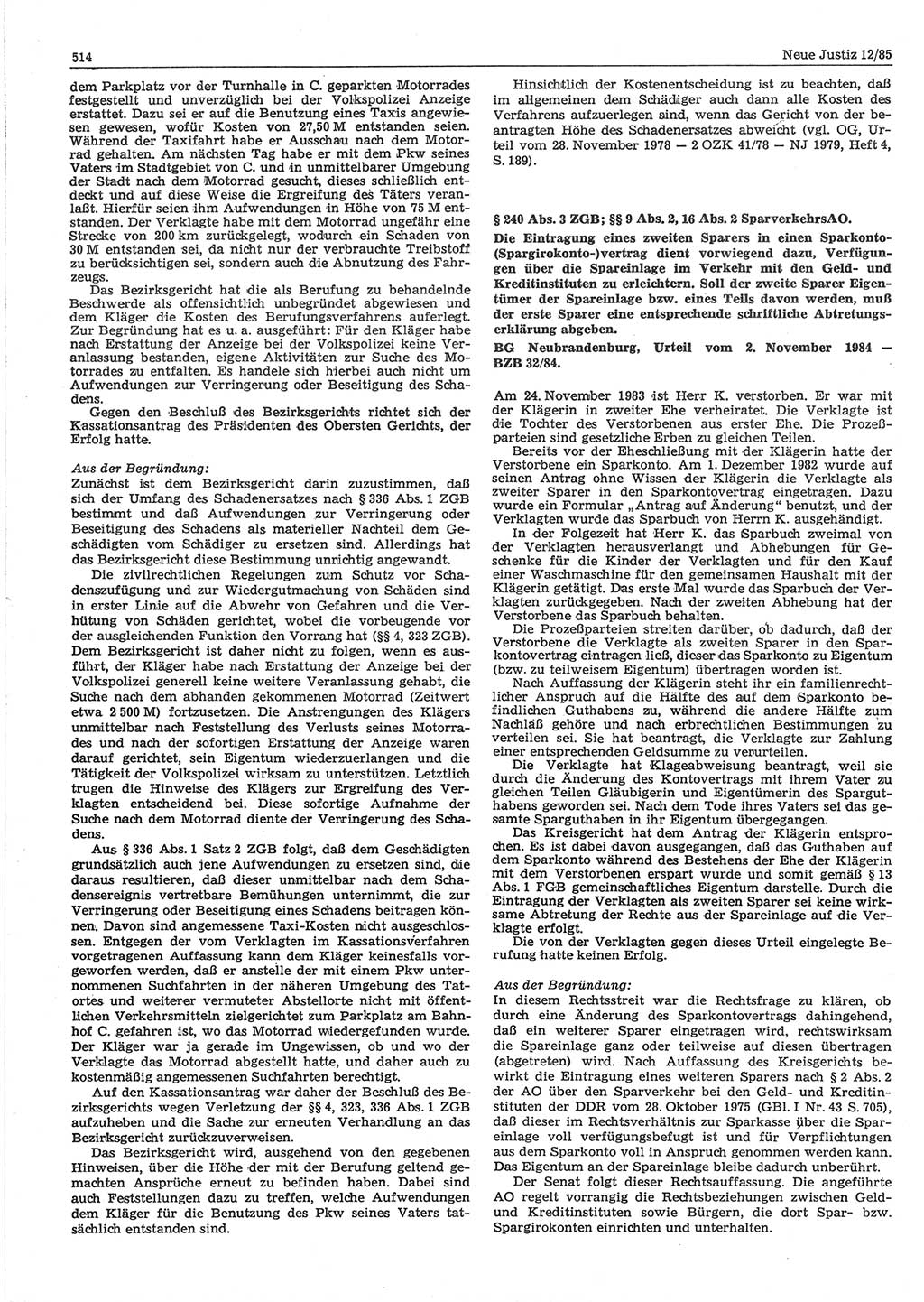 Neue Justiz (NJ), Zeitschrift für sozialistisches Recht und Gesetzlichkeit [Deutsche Demokratische Republik (DDR)], 39. Jahrgang 1985, Seite 514 (NJ DDR 1985, S. 514)