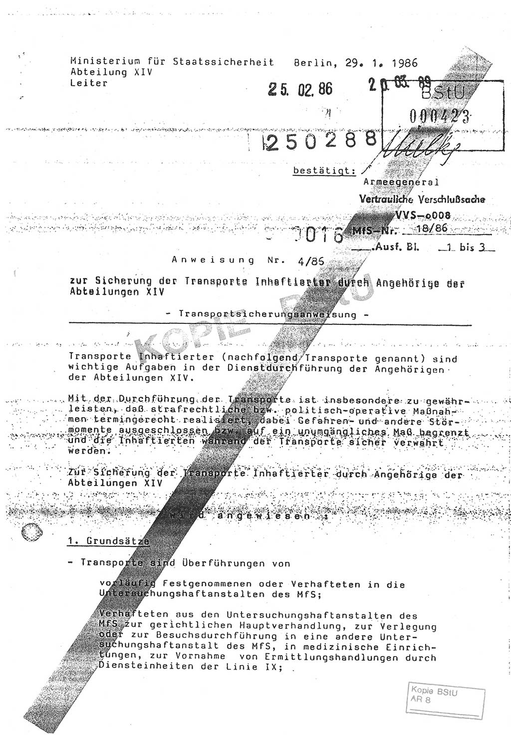 Anweisung Nr. 4/86 zur Sicherung der Transporte Inhaftierter durch Angehörige der Abteilungen ⅩⅣ, Transportsicherungsanweisung, Ministerium für Staatssicherheit (MfS) [Deutsche Demokratische Republik (DDR)], Abteilung ⅩⅣ, Leiter, Vertrauliche Verschlußsache (VVS) o008-18/86, Berlin, 29.1.1986, Seite 1 (Anw. 4/86 MfS DDR Abt. ⅩⅣ Ltr. VVS o008-18/86 1986, S. 1)