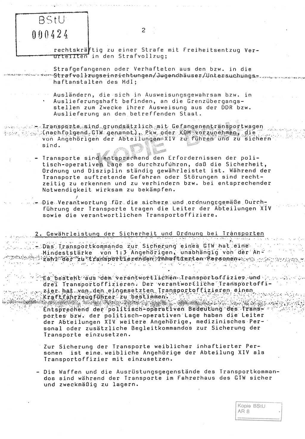 Anweisung Nr. 4/86 zur Sicherung der Transporte Inhaftierter durch Angehörige der Abteilungen ⅩⅣ, Transportsicherungsanweisung, Ministerium für Staatssicherheit (MfS) [Deutsche Demokratische Republik (DDR)], Abteilung ⅩⅣ, Leiter, Vertrauliche Verschlußsache (VVS) o008-18/86, Berlin, 29.1.1986, Seite 2 (Anw. 4/86 MfS DDR Abt. ⅩⅣ Ltr. VVS o008-18/86 1986, S. 2)