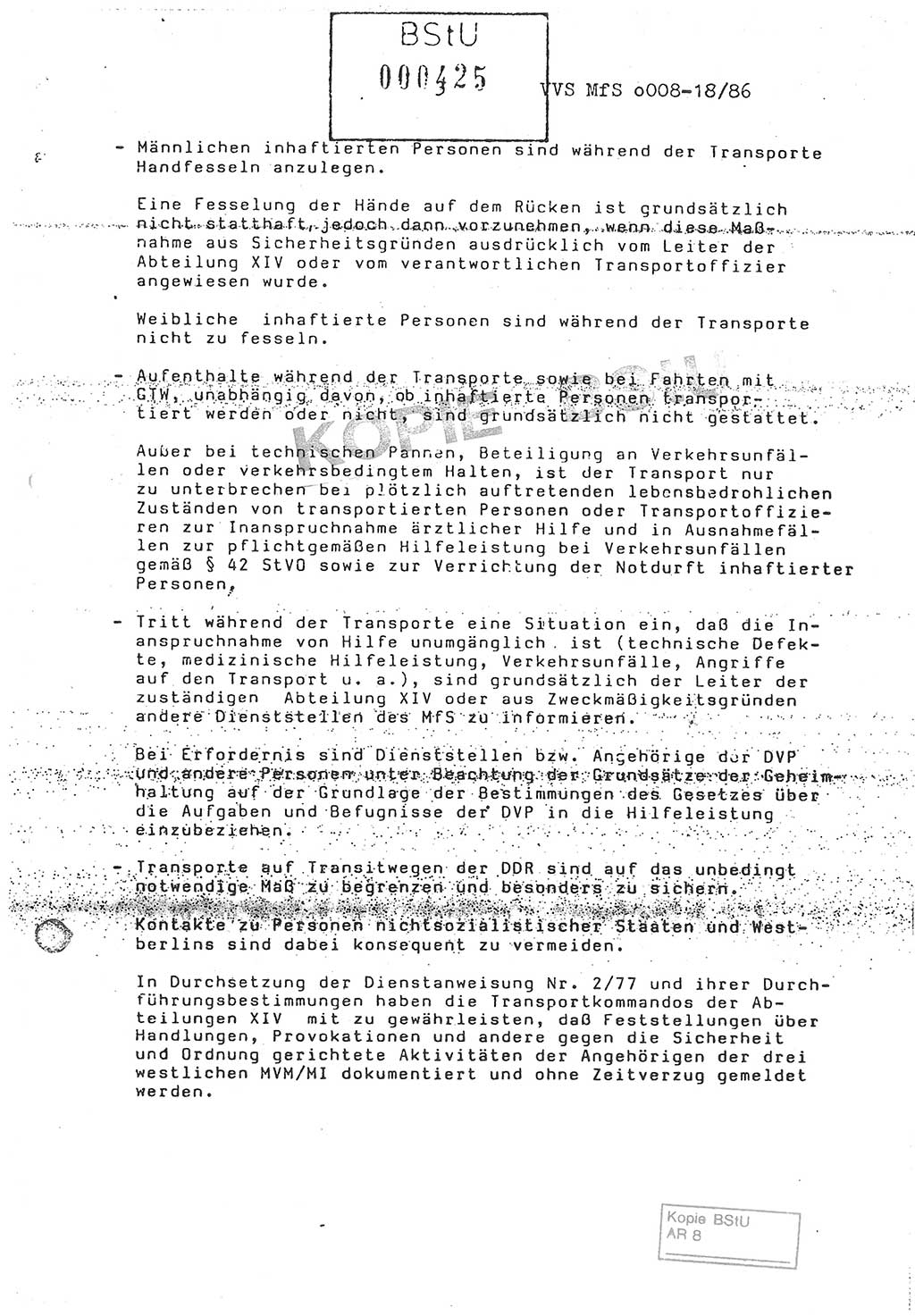Anweisung Nr. 4/86 zur Sicherung der Transporte Inhaftierter durch Angehörige der Abteilungen ⅩⅣ, Transportsicherungsanweisung, Ministerium für Staatssicherheit (MfS) [Deutsche Demokratische Republik (DDR)], Abteilung ⅩⅣ, Leiter, Vertrauliche Verschlußsache (VVS) o008-18/86, Berlin, 29.1.1986, Seite 3 (Anw. 4/86 MfS DDR Abt. ⅩⅣ Ltr. VVS o008-18/86 1986, S. 3)