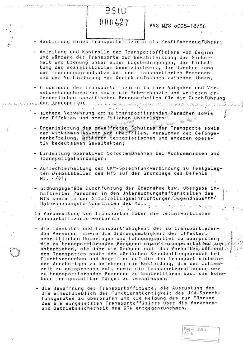 Anweisung Nr. 4/86 zur Sicherung der Transporte Inhaftierter durch Angehörige der Abteilungen ⅩⅣ, Transportsicherungsanweisung, Ministerium für Staatssicherheit (MfS) [Deutsche Demokratische Republik (DDR)], Abteilung ⅩⅣ, Leiter, Vertrauliche Verschlußsache (VVS) o008-18/86, Berlin, 29.1.1986, Seite 5 (Anw. 4/86 MfS DDR Abt. ⅩⅣ Ltr. VVS o008-18/86 1986, S. 5)