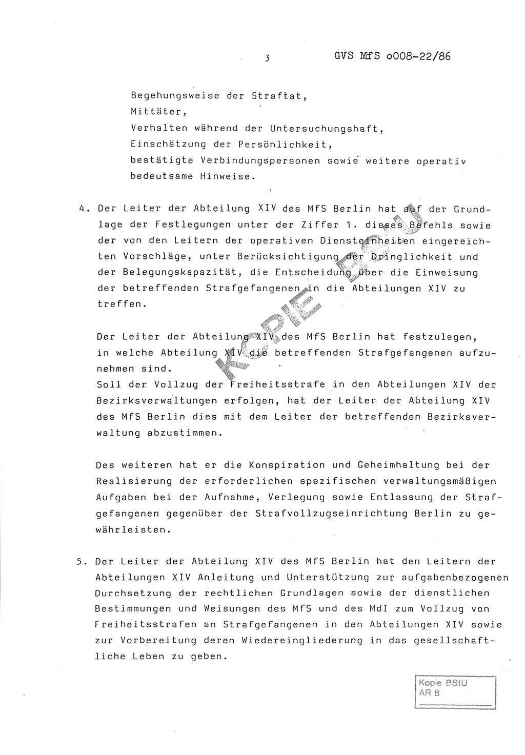 Befehl Nr. 17/86 über den Vollzug von Freiheitsstrafen an Strafgefangenen in den Abteilungen ⅩⅣ des MfS, Ministerium für Staatssicherheit [Deutsche Demokratische Republik (DDR)], Der Minister, Geheime Verschlußsache (GVS) o008-22/86, Berlin, 3.10.1986, Seite 3 (Bef. 17/86 DDR MfS Min. GVS o008-22/86 1986, S. 3)