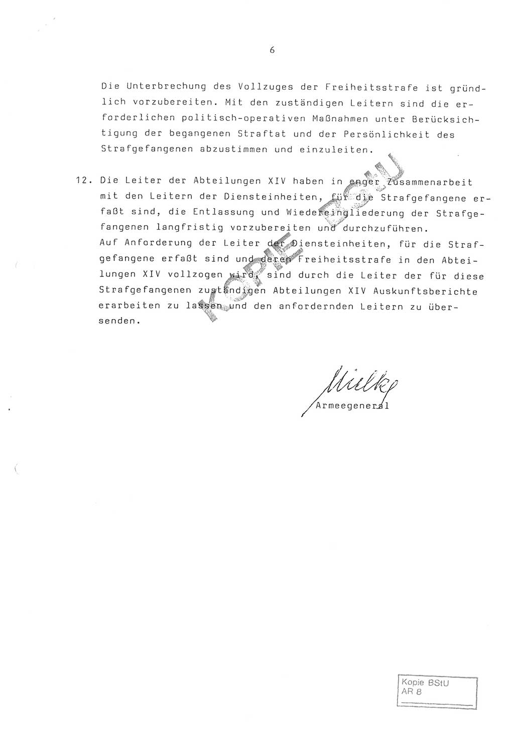 Befehl Nr. 17/86 über den Vollzug von Freiheitsstrafen an Strafgefangenen in den Abteilungen ⅩⅣ des MfS, Ministerium für Staatssicherheit [Deutsche Demokratische Republik (DDR)], Der Minister, Geheime Verschlußsache (GVS) o008-22/86, Berlin, 3.10.1986, Seite 6 (Bef. 17/86 DDR MfS Min. GVS o008-22/86 1986, S. 6)