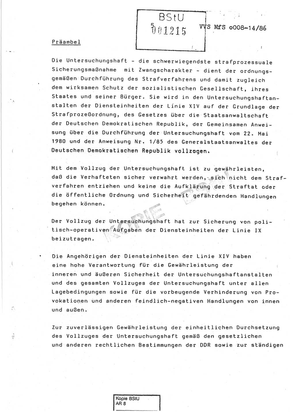 Dienstanweisung Nr. 1/86 über den Vollzug der Untersuchungshaft und die Gewährleistung der Sicherheit in den Untersuchungshaftanstalten (UHA) des Ministeriums für Staatssicherheit (MfS) [Deutsche Demokratische Republik (DDR)], Ministerium für Staatssicherheit, Der Minister, Vertrauliche Verschlußsache (VVS) o008-14/86, Berlin, 29.1.1986, Seite 5 (DA 1/86 DDR MfS Min. VVS o008-14/86 1986, S. 5)