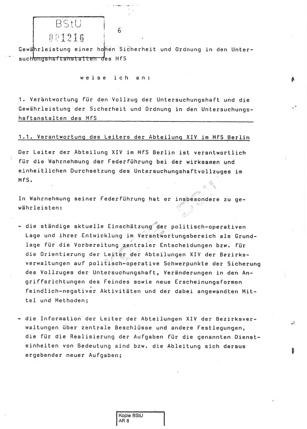 Dienstanweisung Nr. 1/86 über den Vollzug der Untersuchungshaft und die Gewährleistung der Sicherheit in den Untersuchungshaftanstalten (UHA) des Ministeriums für Staatssicherheit (MfS) [Deutsche Demokratische Republik (DDR)], Ministerium für Staatssicherheit, Der Minister, Vertrauliche Verschlußsache (VVS) o008-14/86, Berlin, 29.1.1986, Seite 6 (DA 1/86 DDR MfS Min. VVS o008-14/86 1986, S. 6)