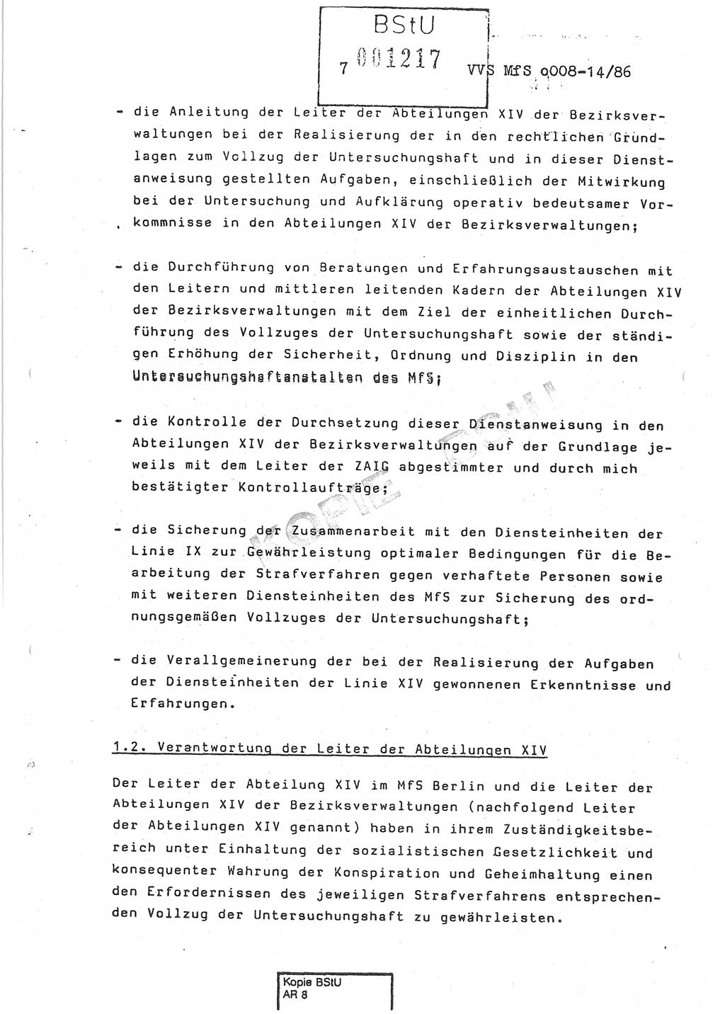 Dienstanweisung Nr. 1/86 über den Vollzug der Untersuchungshaft und die Gewährleistung der Sicherheit in den Untersuchungshaftanstalten (UHA) des Ministeriums für Staatssicherheit (MfS) [Deutsche Demokratische Republik (DDR)], Ministerium für Staatssicherheit, Der Minister, Vertrauliche Verschlußsache (VVS) o008-14/86, Berlin, 29.1.1986, Seite 7 (DA 1/86 DDR MfS Min. VVS o008-14/86 1986, S. 7)