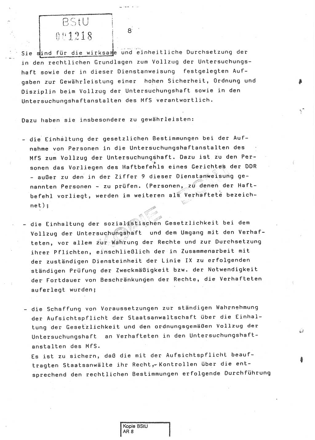 Dienstanweisung Nr. 1/86 über den Vollzug der Untersuchungshaft und die Gewährleistung der Sicherheit in den Untersuchungshaftanstalten (UHA) des Ministeriums für Staatssicherheit (MfS) [Deutsche Demokratische Republik (DDR)], Ministerium für Staatssicherheit, Der Minister, Vertrauliche Verschlußsache (VVS) o008-14/86, Berlin, 29.1.1986, Seite 8 (DA 1/86 DDR MfS Min. VVS o008-14/86 1986, S. 8)