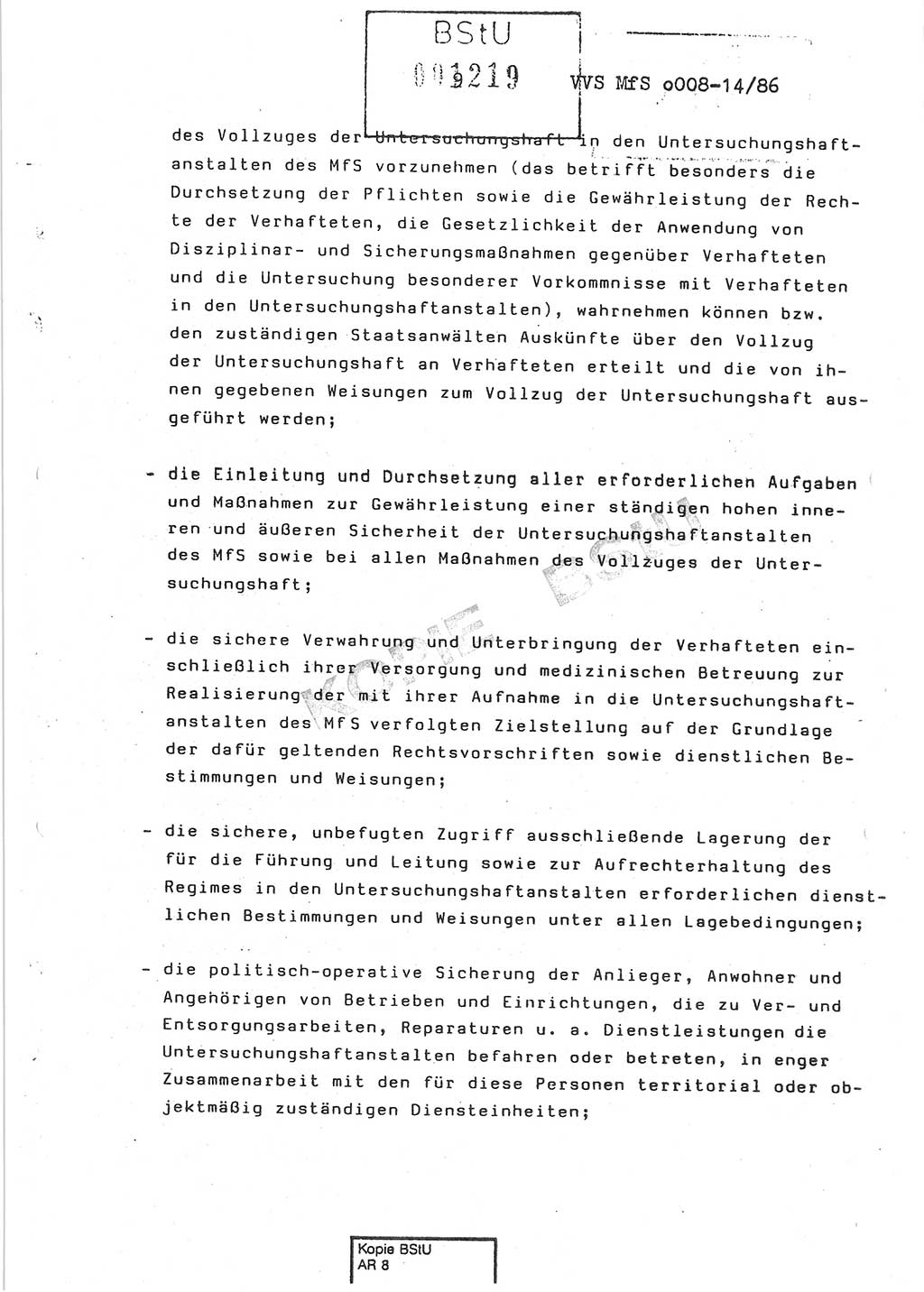 Dienstanweisung Nr. 1/86 über den Vollzug der Untersuchungshaft und die Gewährleistung der Sicherheit in den Untersuchungshaftanstalten (UHA) des Ministeriums für Staatssicherheit (MfS) [Deutsche Demokratische Republik (DDR)], Ministerium für Staatssicherheit, Der Minister, Vertrauliche Verschlußsache (VVS) o008-14/86, Berlin, 29.1.1986, Seite 9 (DA 1/86 DDR MfS Min. VVS o008-14/86 1986, S. 9)