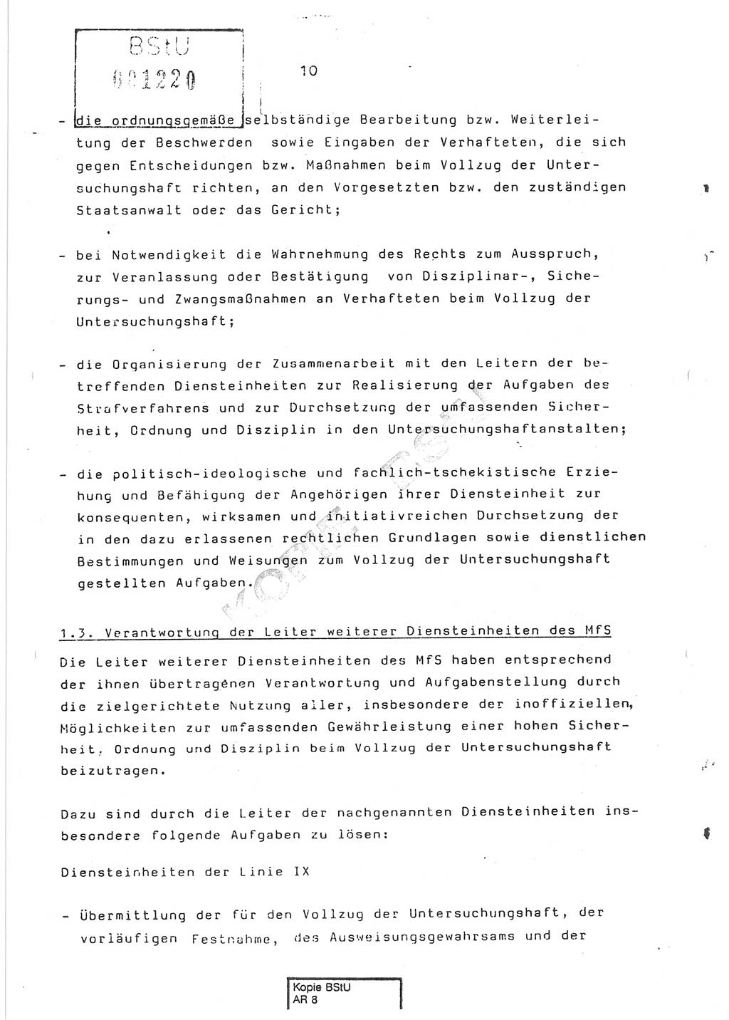 Dienstanweisung Nr. 1/86 über den Vollzug der Untersuchungshaft und die Gewährleistung der Sicherheit in den Untersuchungshaftanstalten (UHA) des Ministeriums für Staatssicherheit (MfS) [Deutsche Demokratische Republik (DDR)], Ministerium für Staatssicherheit, Der Minister, Vertrauliche Verschlußsache (VVS) o008-14/86, Berlin, 29.1.1986, Seite 10 (DA 1/86 DDR MfS Min. VVS o008-14/86 1986, S. 10)