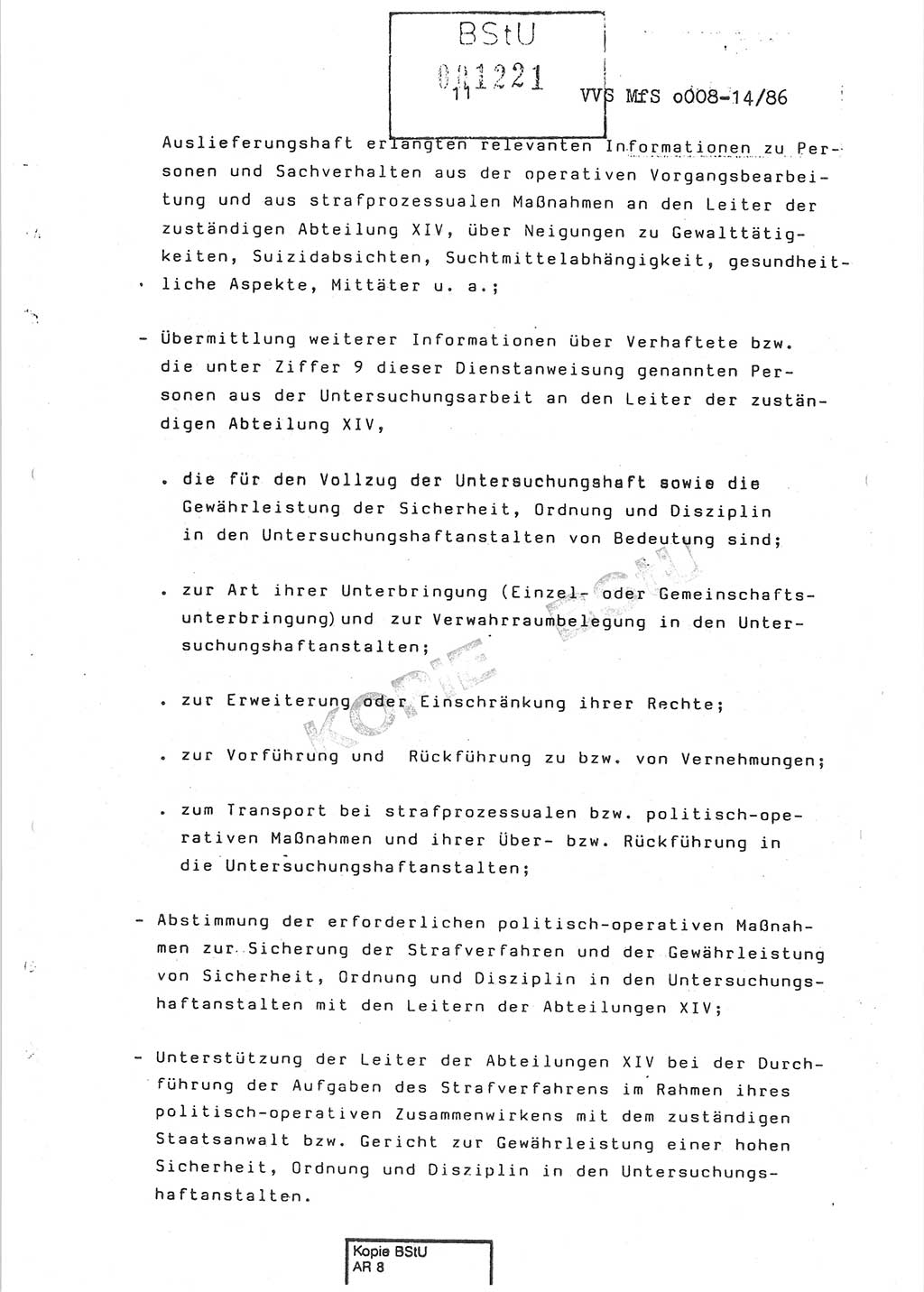 Dienstanweisung Nr. 1/86 über den Vollzug der Untersuchungshaft und die Gewährleistung der Sicherheit in den Untersuchungshaftanstalten (UHA) des Ministeriums für Staatssicherheit (MfS) [Deutsche Demokratische Republik (DDR)], Ministerium für Staatssicherheit, Der Minister, Vertrauliche Verschlußsache (VVS) o008-14/86, Berlin, 29.1.1986, Seite 11 (DA 1/86 DDR MfS Min. VVS o008-14/86 1986, S. 11)