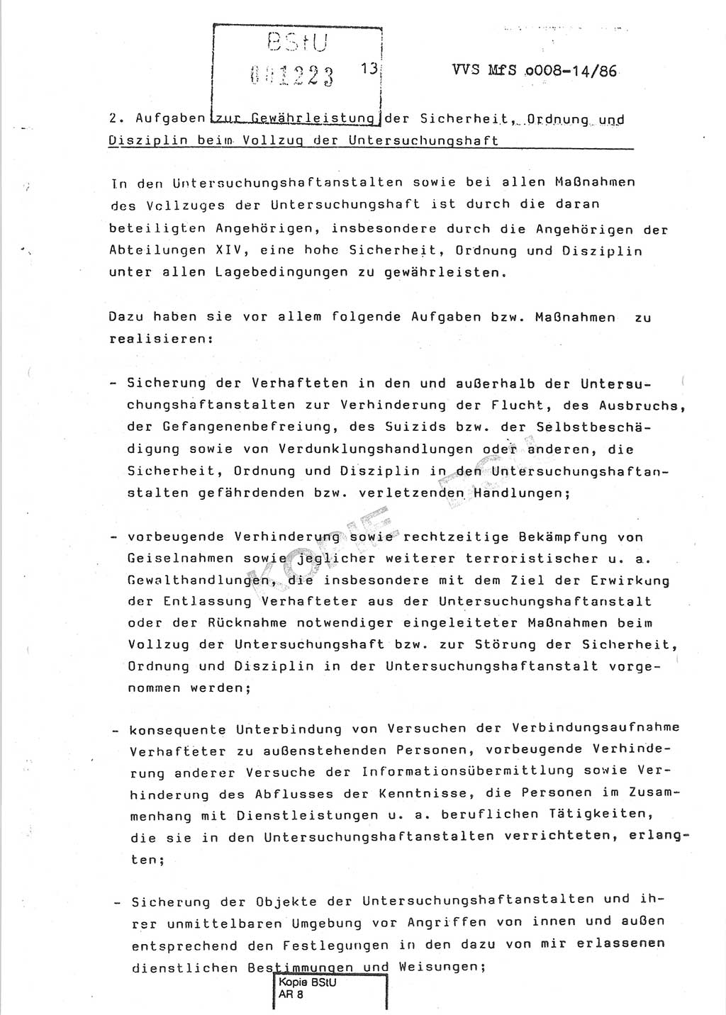 Dienstanweisung Nr. 1/86 über den Vollzug der Untersuchungshaft und die Gewährleistung der Sicherheit in den Untersuchungshaftanstalten (UHA) des Ministeriums für Staatssicherheit (MfS) [Deutsche Demokratische Republik (DDR)], Ministerium für Staatssicherheit, Der Minister, Vertrauliche Verschlußsache (VVS) o008-14/86, Berlin, 29.1.1986, Seite 13 (DA 1/86 DDR MfS Min. VVS o008-14/86 1986, S. 13)