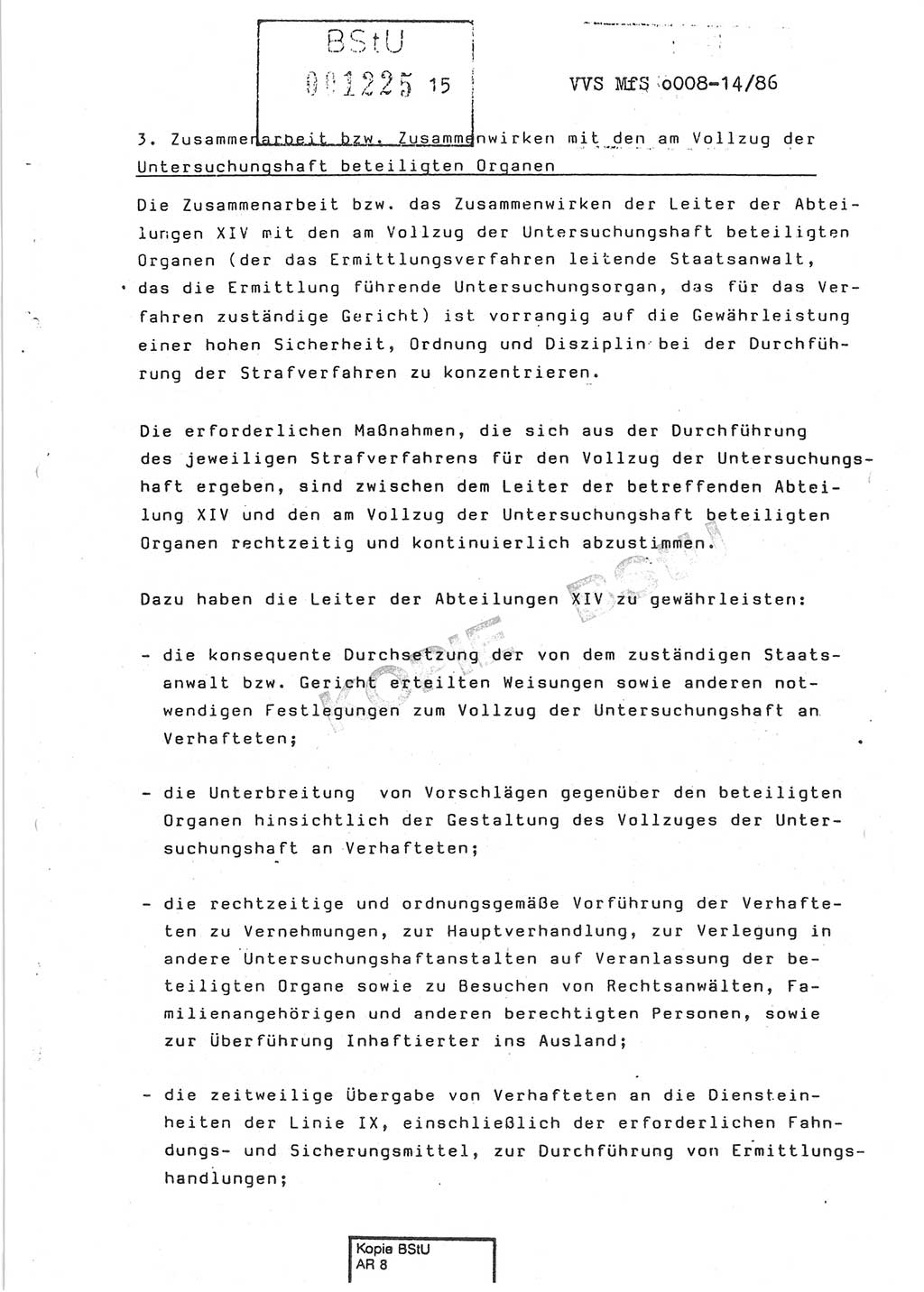 Dienstanweisung Nr. 1/86 über den Vollzug der Untersuchungshaft und die Gewährleistung der Sicherheit in den Untersuchungshaftanstalten (UHA) des Ministeriums für Staatssicherheit (MfS) [Deutsche Demokratische Republik (DDR)], Ministerium für Staatssicherheit, Der Minister, Vertrauliche Verschlußsache (VVS) o008-14/86, Berlin, 29.1.1986, Seite 15 (DA 1/86 DDR MfS Min. VVS o008-14/86 1986, S. 15)