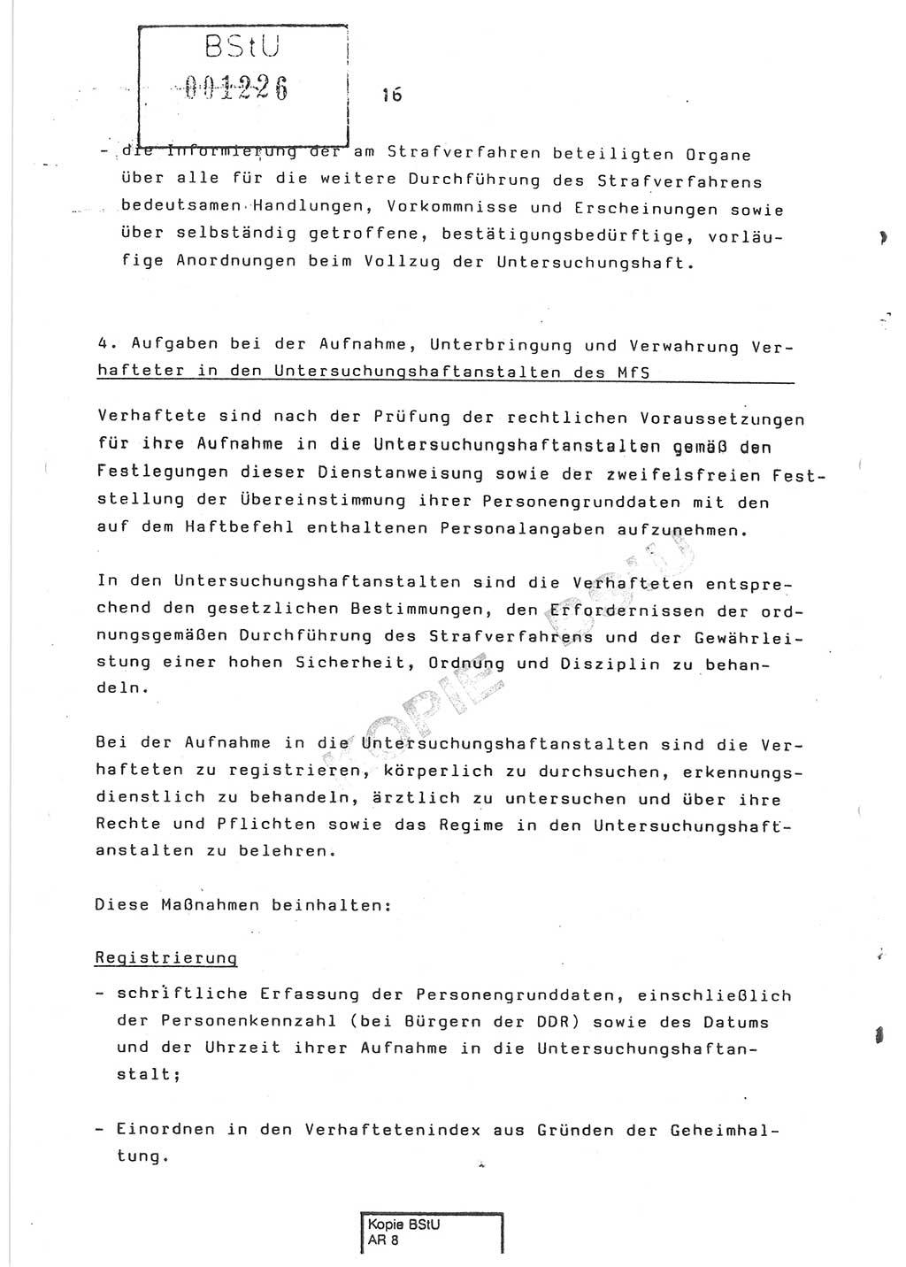 Dienstanweisung Nr. 1/86 über den Vollzug der Untersuchungshaft und die Gewährleistung der Sicherheit in den Untersuchungshaftanstalten (UHA) des Ministeriums für Staatssicherheit (MfS) [Deutsche Demokratische Republik (DDR)], Ministerium für Staatssicherheit, Der Minister, Vertrauliche Verschlußsache (VVS) o008-14/86, Berlin, 29.1.1986, Seite 16 (DA 1/86 DDR MfS Min. VVS o008-14/86 1986, S. 16)