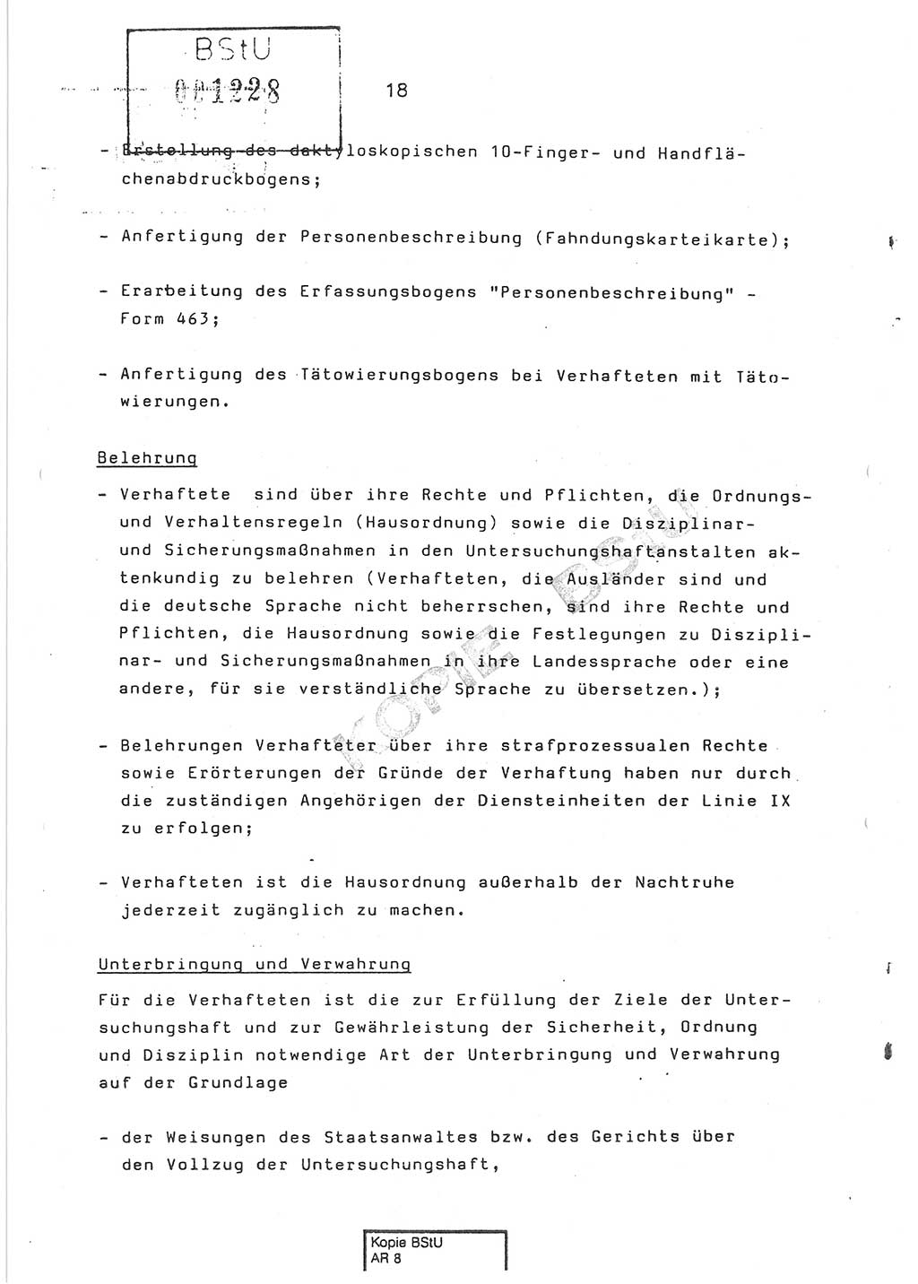 Dienstanweisung Nr. 1/86 über den Vollzug der Untersuchungshaft und die Gewährleistung der Sicherheit in den Untersuchungshaftanstalten (UHA) des Ministeriums für Staatssicherheit (MfS) [Deutsche Demokratische Republik (DDR)], Ministerium für Staatssicherheit, Der Minister, Vertrauliche Verschlußsache (VVS) o008-14/86, Berlin, 29.1.1986, Seite 18 (DA 1/86 DDR MfS Min. VVS o008-14/86 1986, S. 18)