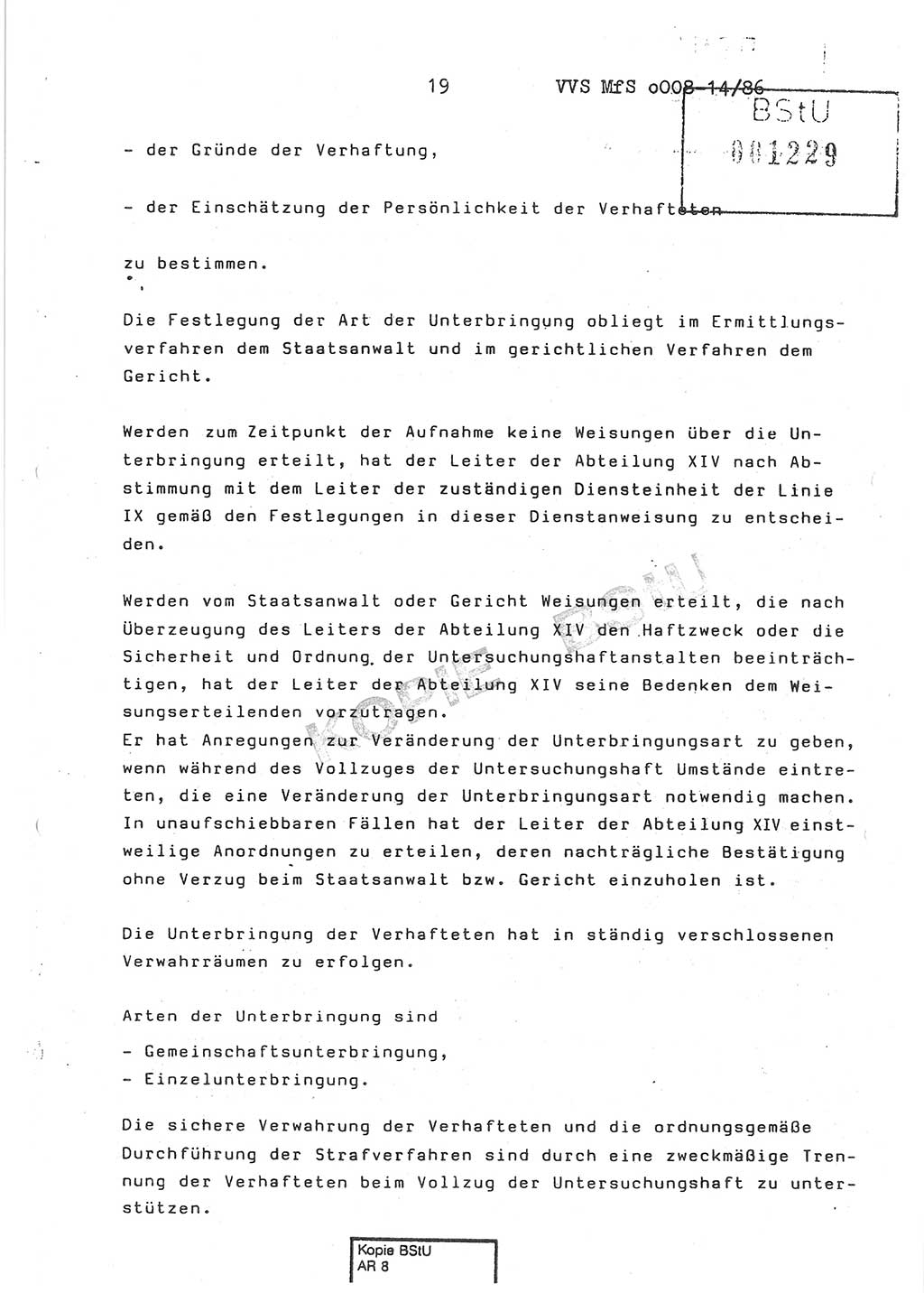 Dienstanweisung Nr. 1/86 über den Vollzug der Untersuchungshaft und die Gewährleistung der Sicherheit in den Untersuchungshaftanstalten (UHA) des Ministeriums für Staatssicherheit (MfS) [Deutsche Demokratische Republik (DDR)], Ministerium für Staatssicherheit, Der Minister, Vertrauliche Verschlußsache (VVS) o008-14/86, Berlin, 29.1.1986, Seite 19 (DA 1/86 DDR MfS Min. VVS o008-14/86 1986, S. 19)