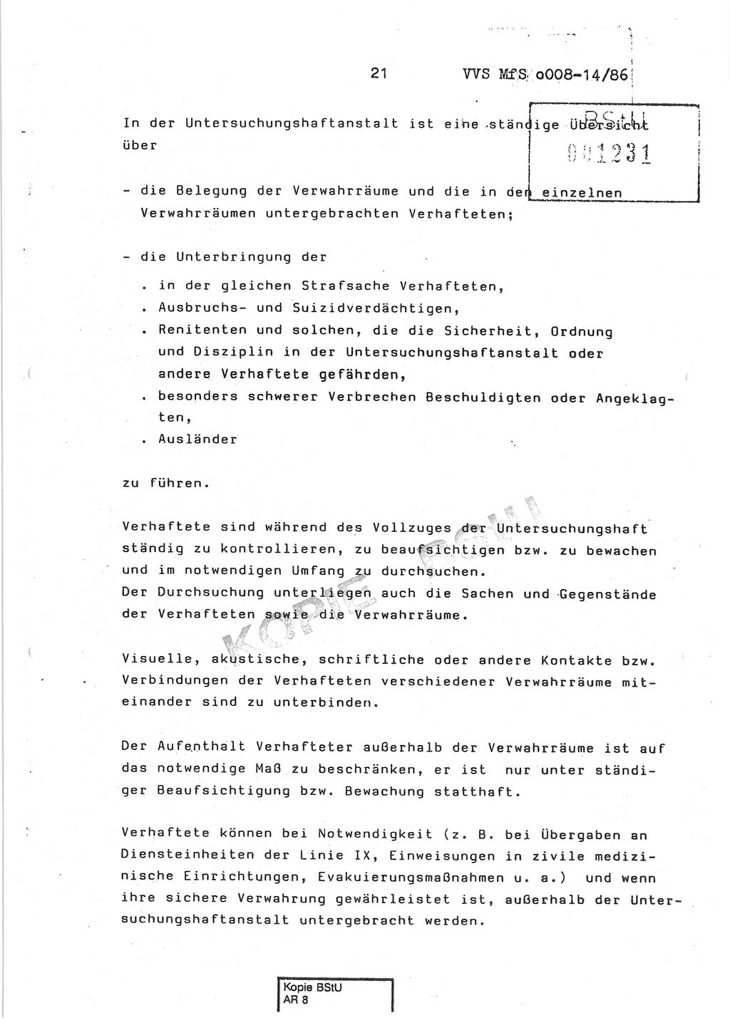 Dienstanweisung Nr. 1/86 über den Vollzug der Untersuchungshaft und die Gewährleistung der Sicherheit in den Untersuchungshaftanstalten (UHA) des Ministeriums für Staatssicherheit (MfS) [Deutsche Demokratische Republik (DDR)], Ministerium für Staatssicherheit, Der Minister, Vertrauliche Verschlußsache (VVS) o008-14/86, Berlin, 29.1.1986, Seite 21 (DA 1/86 DDR MfS Min. VVS o008-14/86 1986, S. 21)