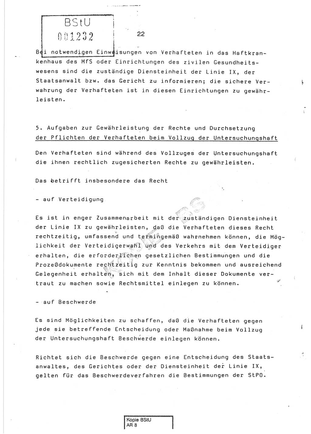 Dienstanweisung Nr. 1/86 über den Vollzug der Untersuchungshaft und die Gewährleistung der Sicherheit in den Untersuchungshaftanstalten (UHA) des Ministeriums für Staatssicherheit (MfS) [Deutsche Demokratische Republik (DDR)], Ministerium für Staatssicherheit, Der Minister, Vertrauliche Verschlußsache (VVS) o008-14/86, Berlin, 29.1.1986, Seite 22 (DA 1/86 DDR MfS Min. VVS o008-14/86 1986, S. 22)