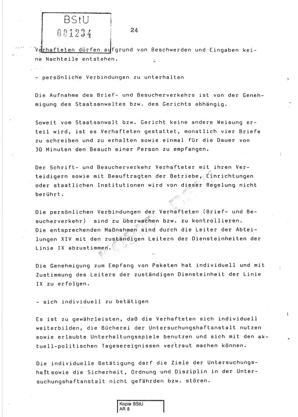 Dienstanweisung Nr. 1/86 über den Vollzug der Untersuchungshaft und die Gewährleistung der Sicherheit in den Untersuchungshaftanstalten (UHA) des Ministeriums für Staatssicherheit (MfS) [Deutsche Demokratische Republik (DDR)], Ministerium für Staatssicherheit, Der Minister, Vertrauliche Verschlußsache (VVS) o008-14/86, Berlin, 29.1.1986, Seite 24 (DA 1/86 DDR MfS Min. VVS o008-14/86 1986, S. 24)