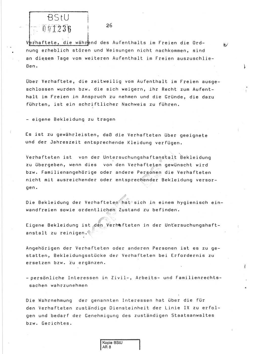 Dienstanweisung Nr. 1/86 über den Vollzug der Untersuchungshaft und die Gewährleistung der Sicherheit in den Untersuchungshaftanstalten (UHA) des Ministeriums für Staatssicherheit (MfS) [Deutsche Demokratische Republik (DDR)], Ministerium für Staatssicherheit, Der Minister, Vertrauliche Verschlußsache (VVS) o008-14/86, Berlin, 29.1.1986, Seite 26 (DA 1/86 DDR MfS Min. VVS o008-14/86 1986, S. 26)