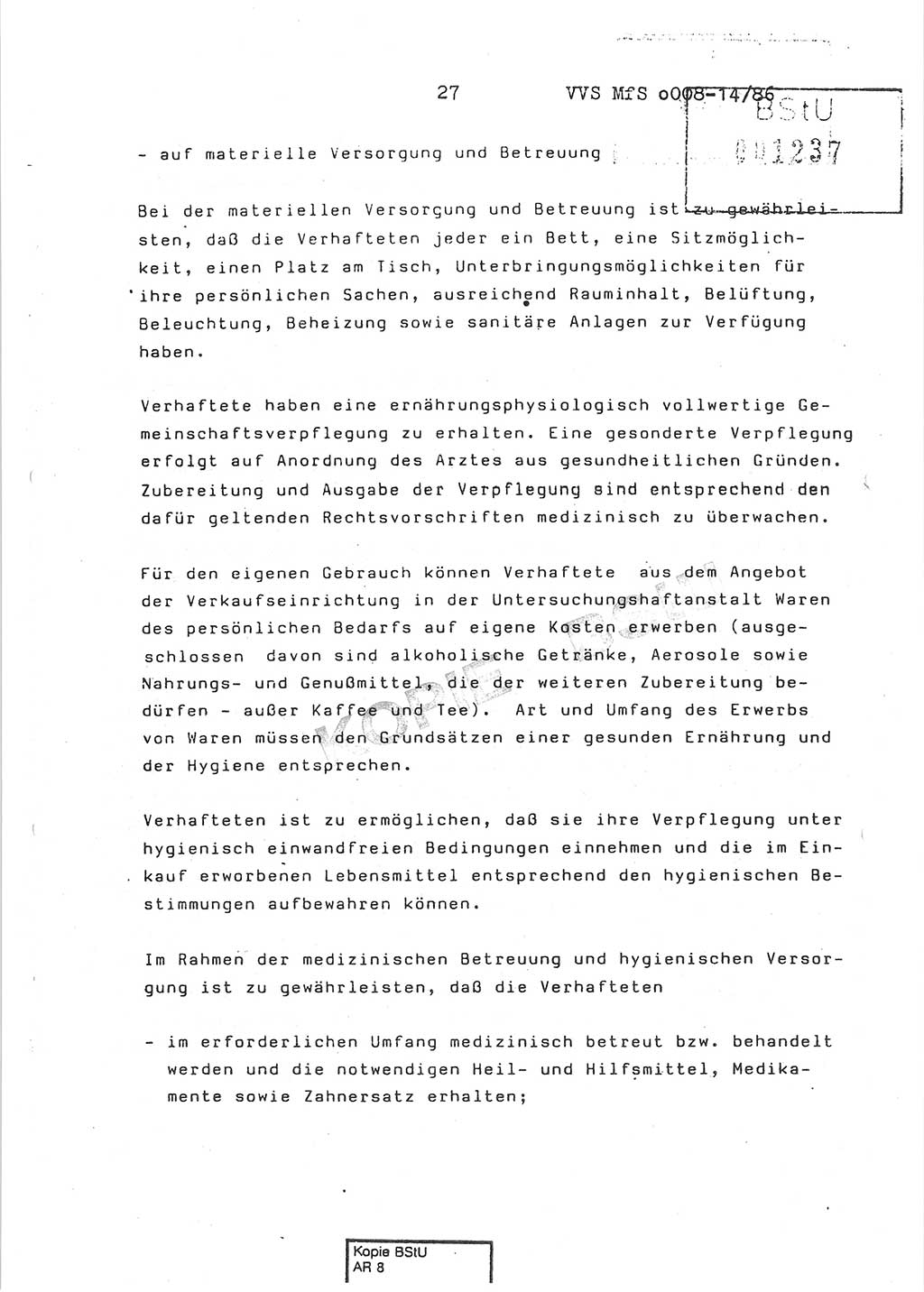 Dienstanweisung Nr. 1/86 über den Vollzug der Untersuchungshaft und die Gewährleistung der Sicherheit in den Untersuchungshaftanstalten (UHA) des Ministeriums für Staatssicherheit (MfS) [Deutsche Demokratische Republik (DDR)], Ministerium für Staatssicherheit, Der Minister, Vertrauliche Verschlußsache (VVS) o008-14/86, Berlin, 29.1.1986, Seite 27 (DA 1/86 DDR MfS Min. VVS o008-14/86 1986, S. 27)