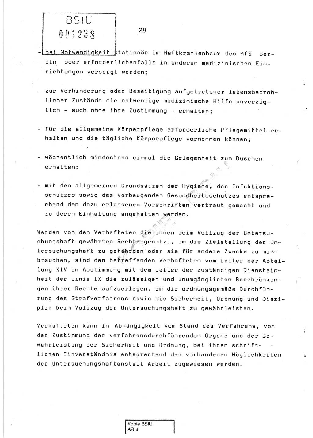 Dienstanweisung Nr. 1/86 über den Vollzug der Untersuchungshaft und die Gewährleistung der Sicherheit in den Untersuchungshaftanstalten (UHA) des Ministeriums für Staatssicherheit (MfS) [Deutsche Demokratische Republik (DDR)], Ministerium für Staatssicherheit, Der Minister, Vertrauliche Verschlußsache (VVS) o008-14/86, Berlin, 29.1.1986, Seite 28 (DA 1/86 DDR MfS Min. VVS o008-14/86 1986, S. 28)