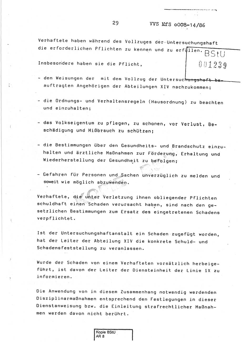 Dienstanweisung Nr. 1/86 über den Vollzug der Untersuchungshaft und die Gewährleistung der Sicherheit in den Untersuchungshaftanstalten (UHA) des Ministeriums für Staatssicherheit (MfS) [Deutsche Demokratische Republik (DDR)], Ministerium für Staatssicherheit, Der Minister, Vertrauliche Verschlußsache (VVS) o008-14/86, Berlin, 29.1.1986, Seite 29 (DA 1/86 DDR MfS Min. VVS o008-14/86 1986, S. 29)