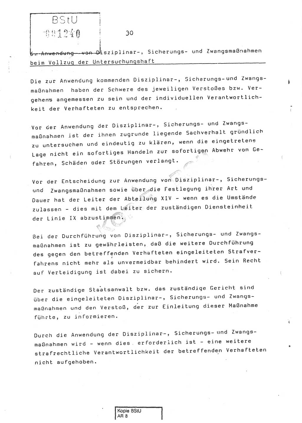 Dienstanweisung Nr. 1/86 über den Vollzug der Untersuchungshaft und die Gewährleistung der Sicherheit in den Untersuchungshaftanstalten (UHA) des Ministeriums für Staatssicherheit (MfS) [Deutsche Demokratische Republik (DDR)], Ministerium für Staatssicherheit, Der Minister, Vertrauliche Verschlußsache (VVS) o008-14/86, Berlin, 29.1.1986, Seite 30 (DA 1/86 DDR MfS Min. VVS o008-14/86 1986, S. 30)