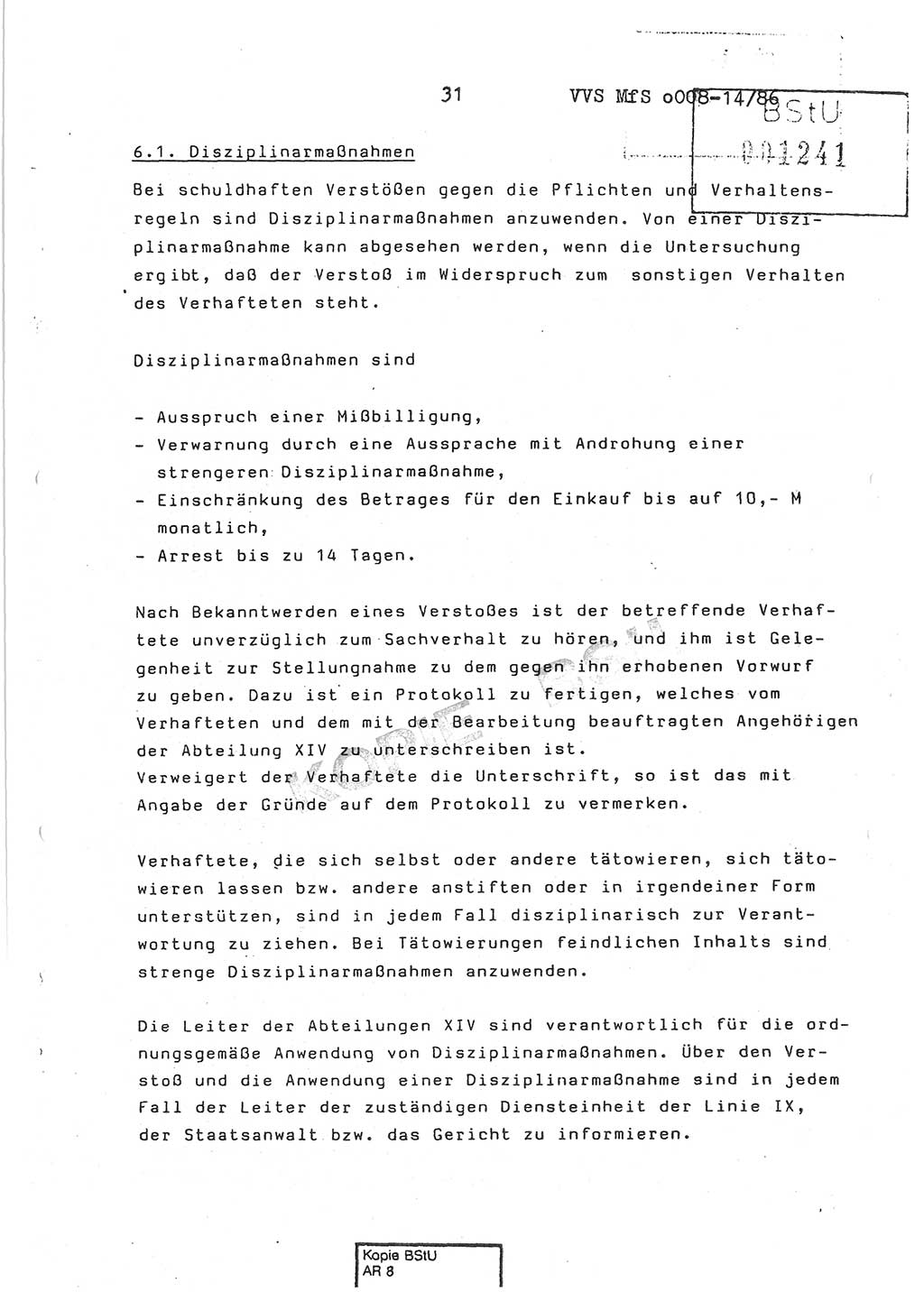 Dienstanweisung Nr. 1/86 über den Vollzug der Untersuchungshaft und die Gewährleistung der Sicherheit in den Untersuchungshaftanstalten (UHA) des Ministeriums für Staatssicherheit (MfS) [Deutsche Demokratische Republik (DDR)], Ministerium für Staatssicherheit, Der Minister, Vertrauliche Verschlußsache (VVS) o008-14/86, Berlin, 29.1.1986, Seite 31 (DA 1/86 DDR MfS Min. VVS o008-14/86 1986, S. 31)